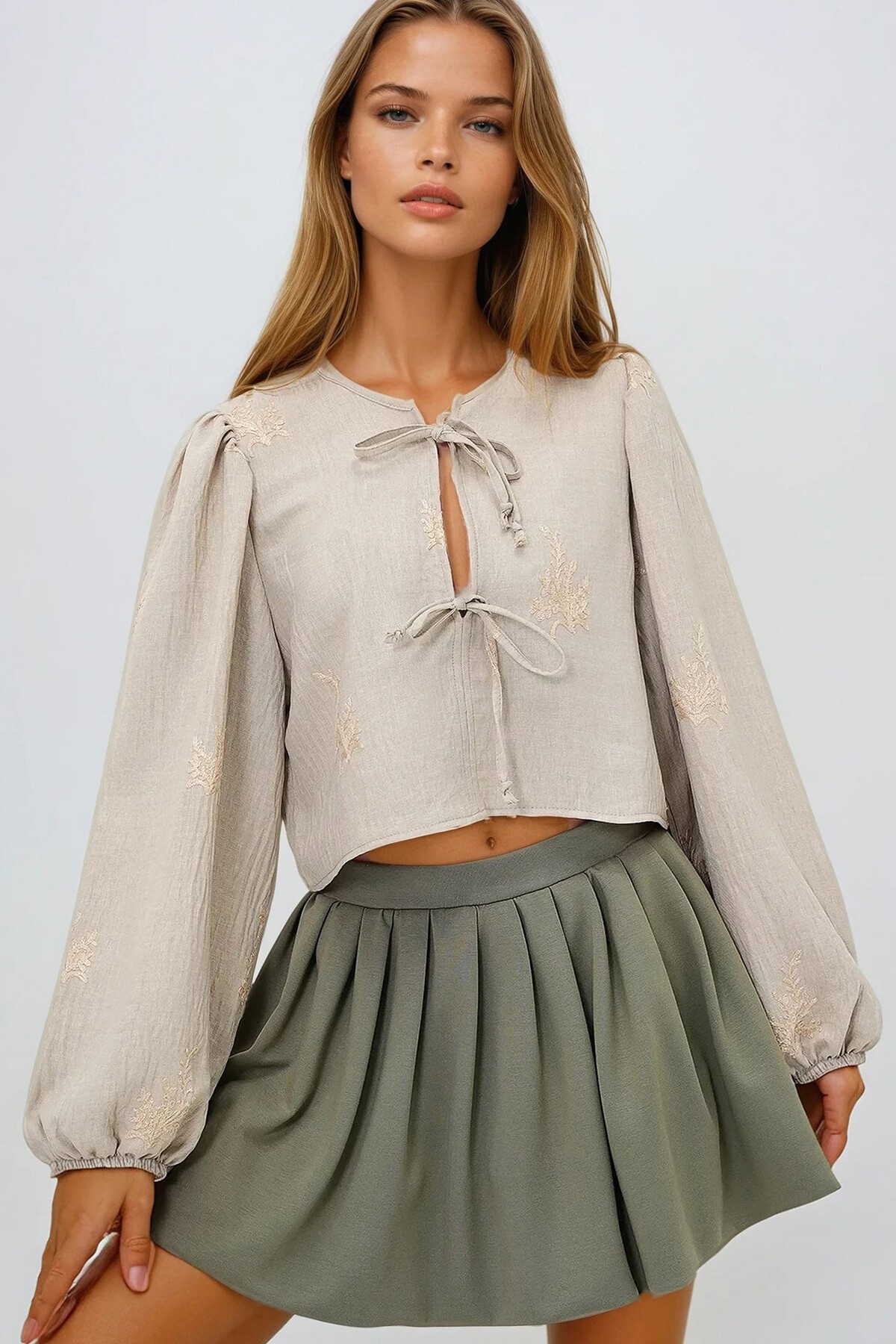 Haki Beli Lastikli Pileli Balon Etek