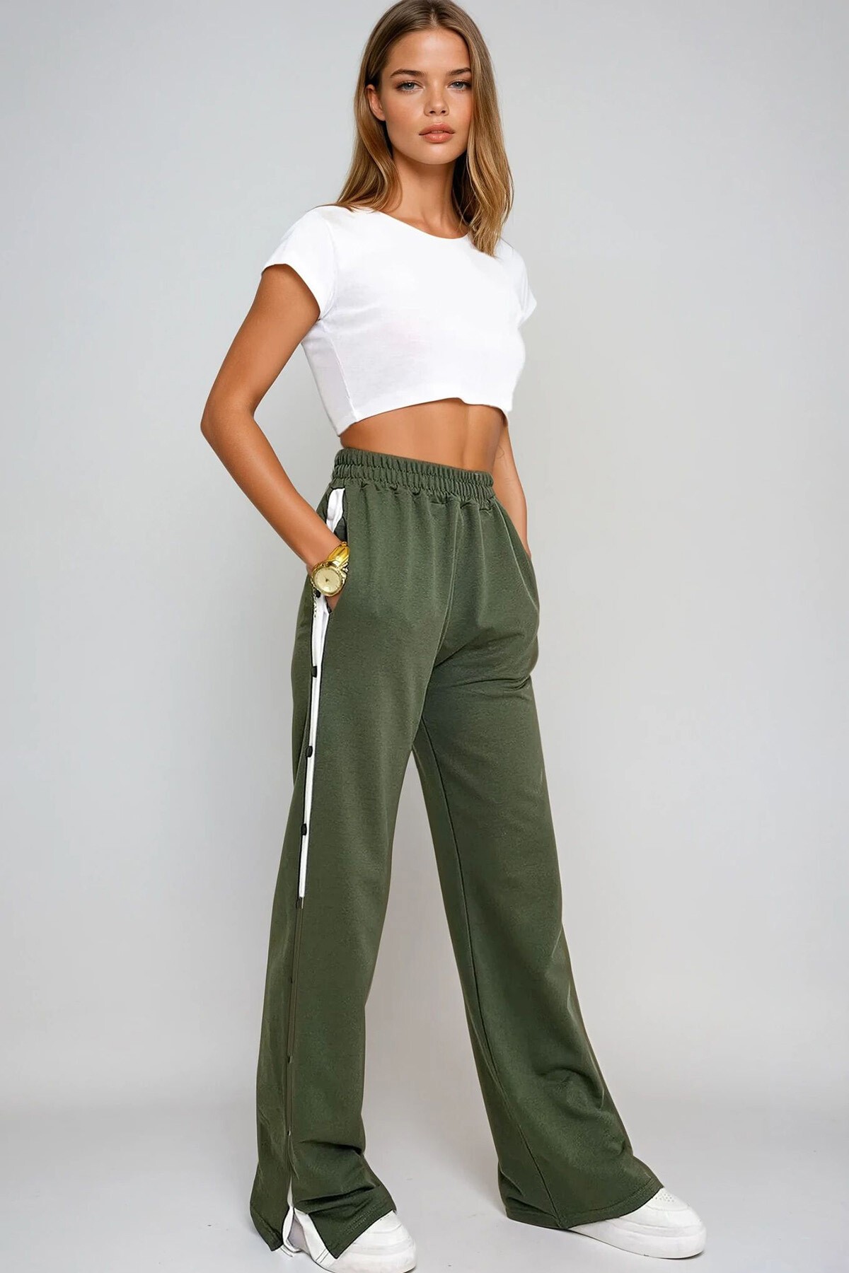 Haki Çift Cepli Lastikli Yanları Şeritli Wide Leg Pantolon