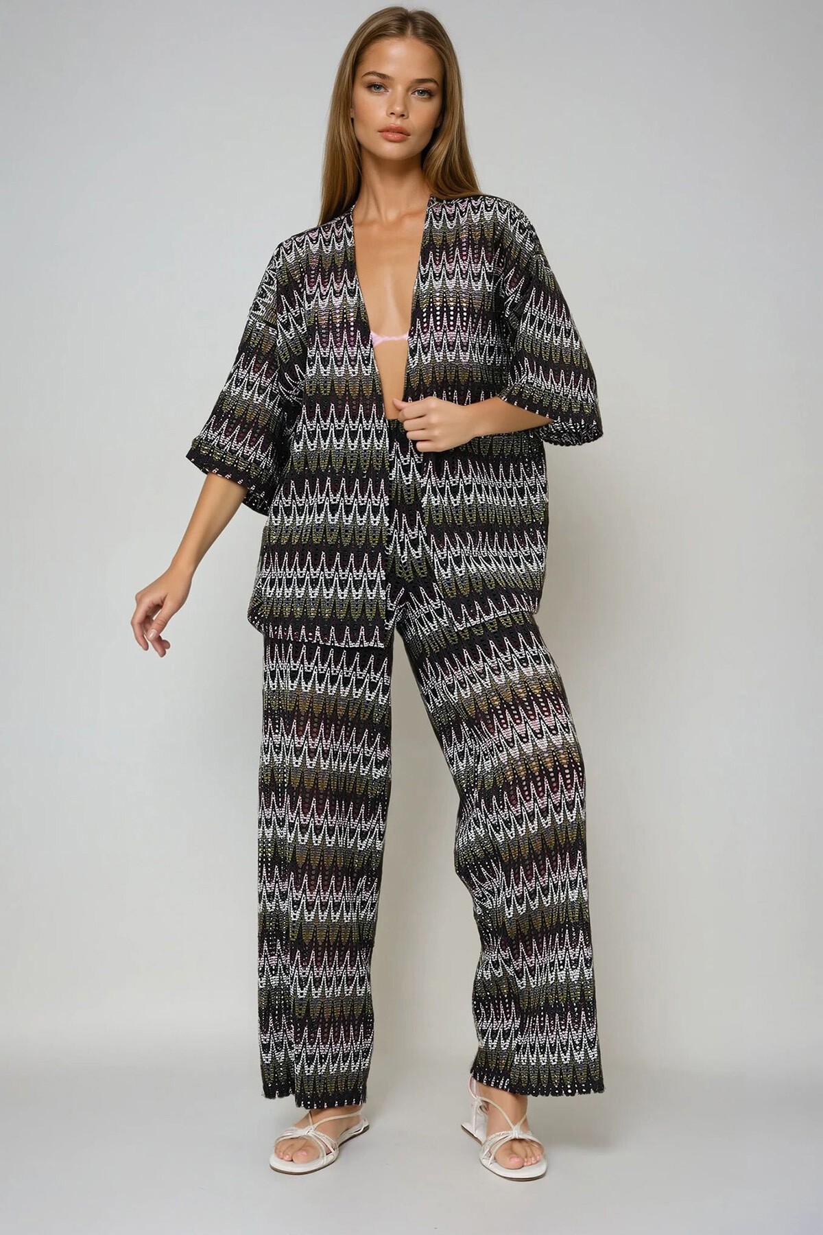 Haki Duble Kol Güpür Kimono Ve İçi Astarlı Palazzo Pantolon Takım