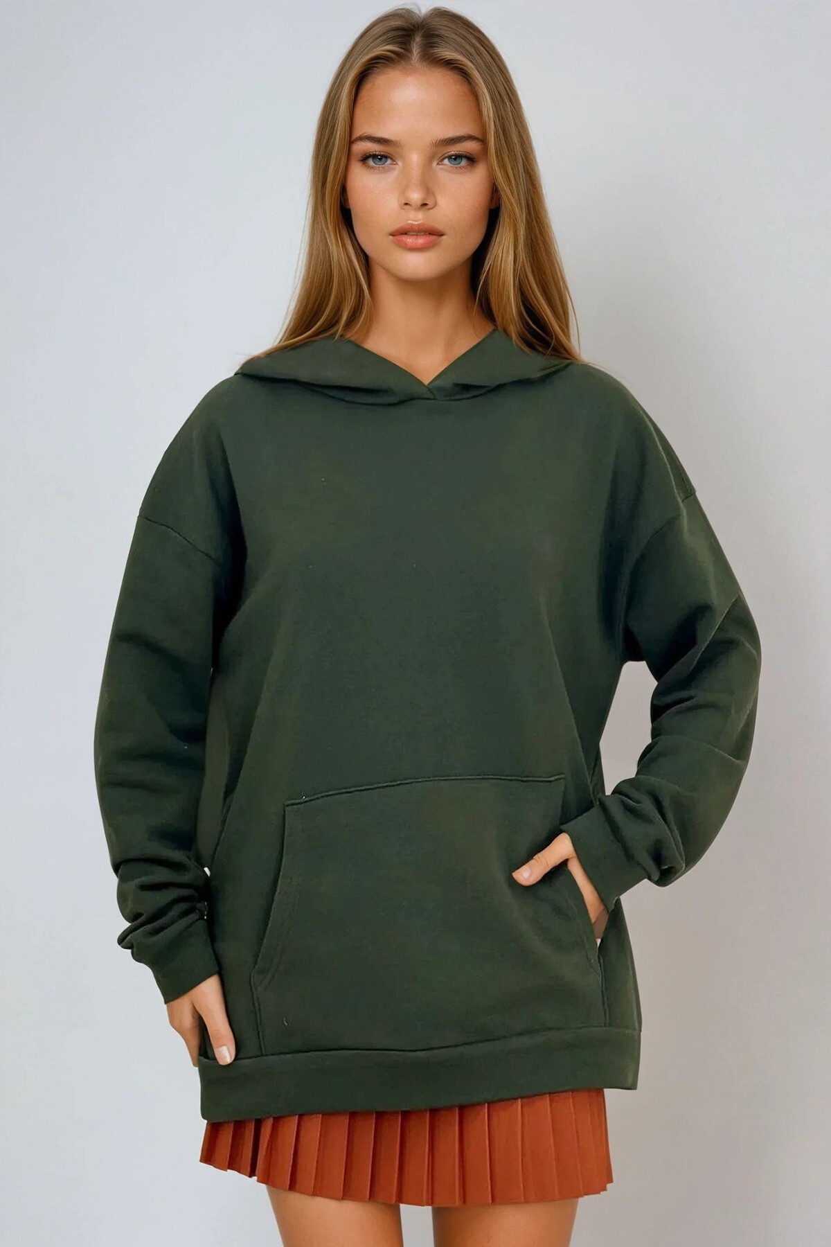 Haki Kapüşonlu Kanguru Cepli 3 İplik Kalın Sweatshirt