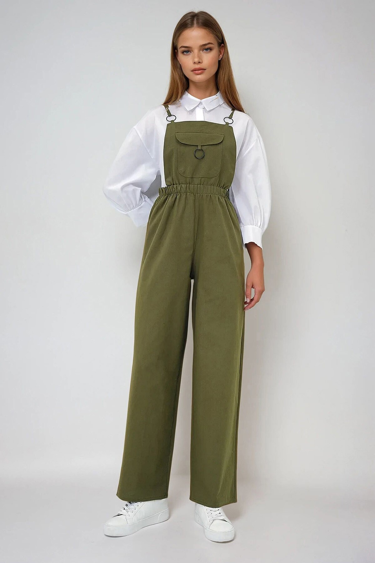 Haki Önü Cepli Askılı Halka Detaylı Aerobin Salopet Pantolon