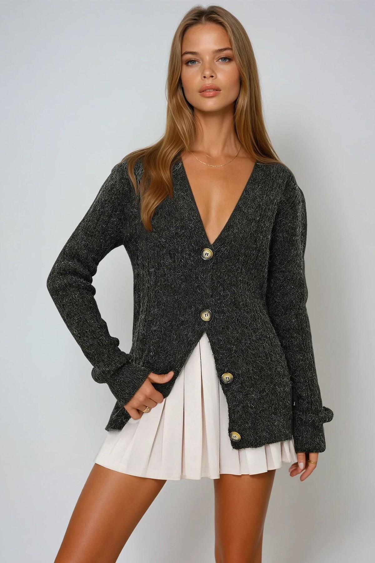 Haki V Yaka Ajurlu Angora Hırka