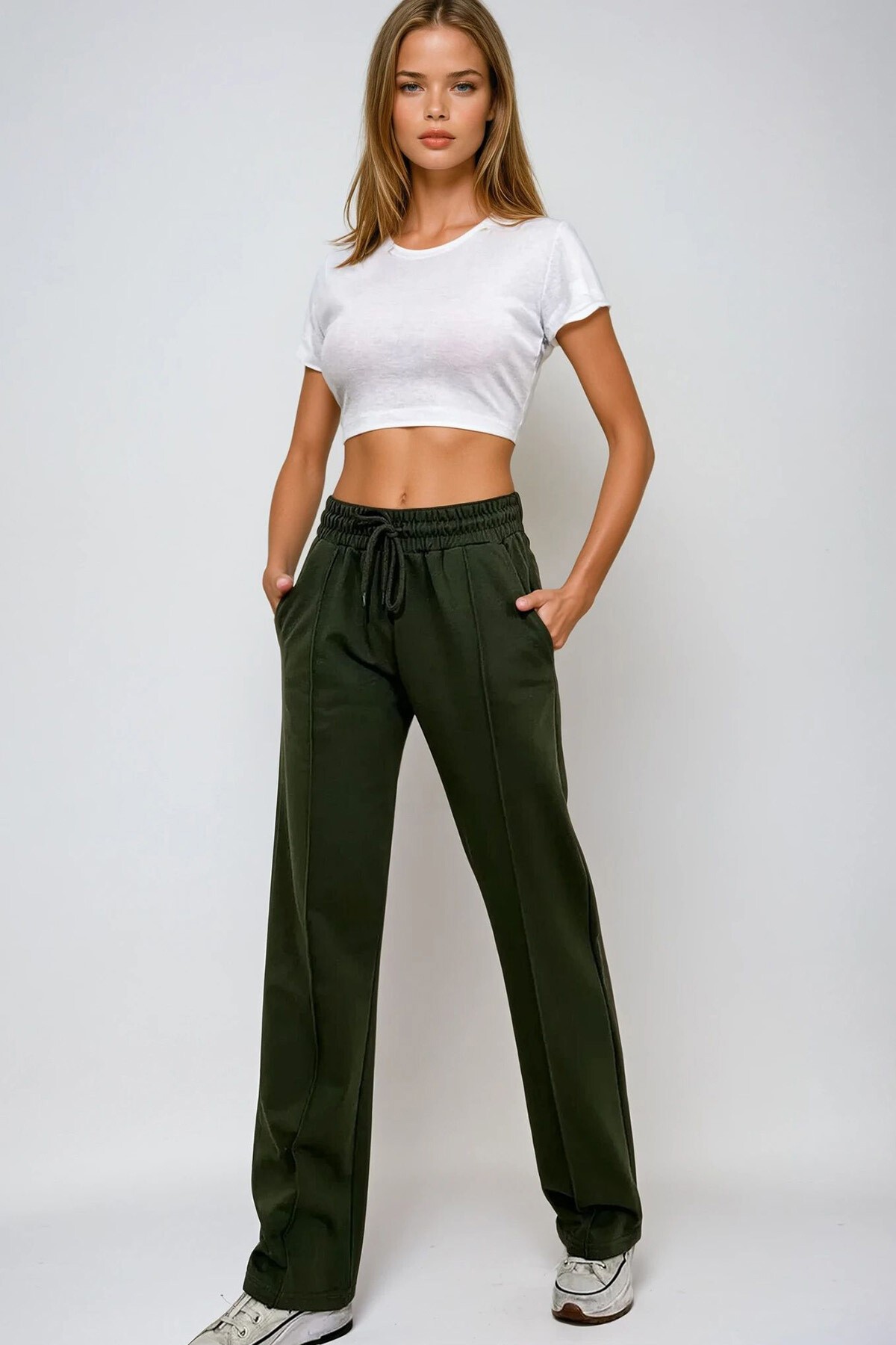 Haki Yüksek Bel Önü Çimalı Bol Paça Çift Cepli Eşofman Altı