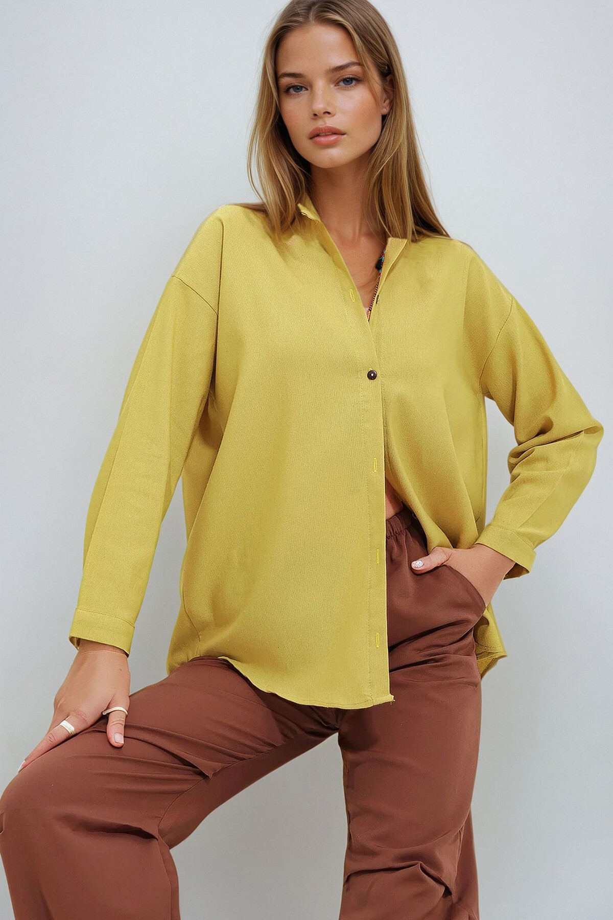 Hardal Oversize Keten Gömlek