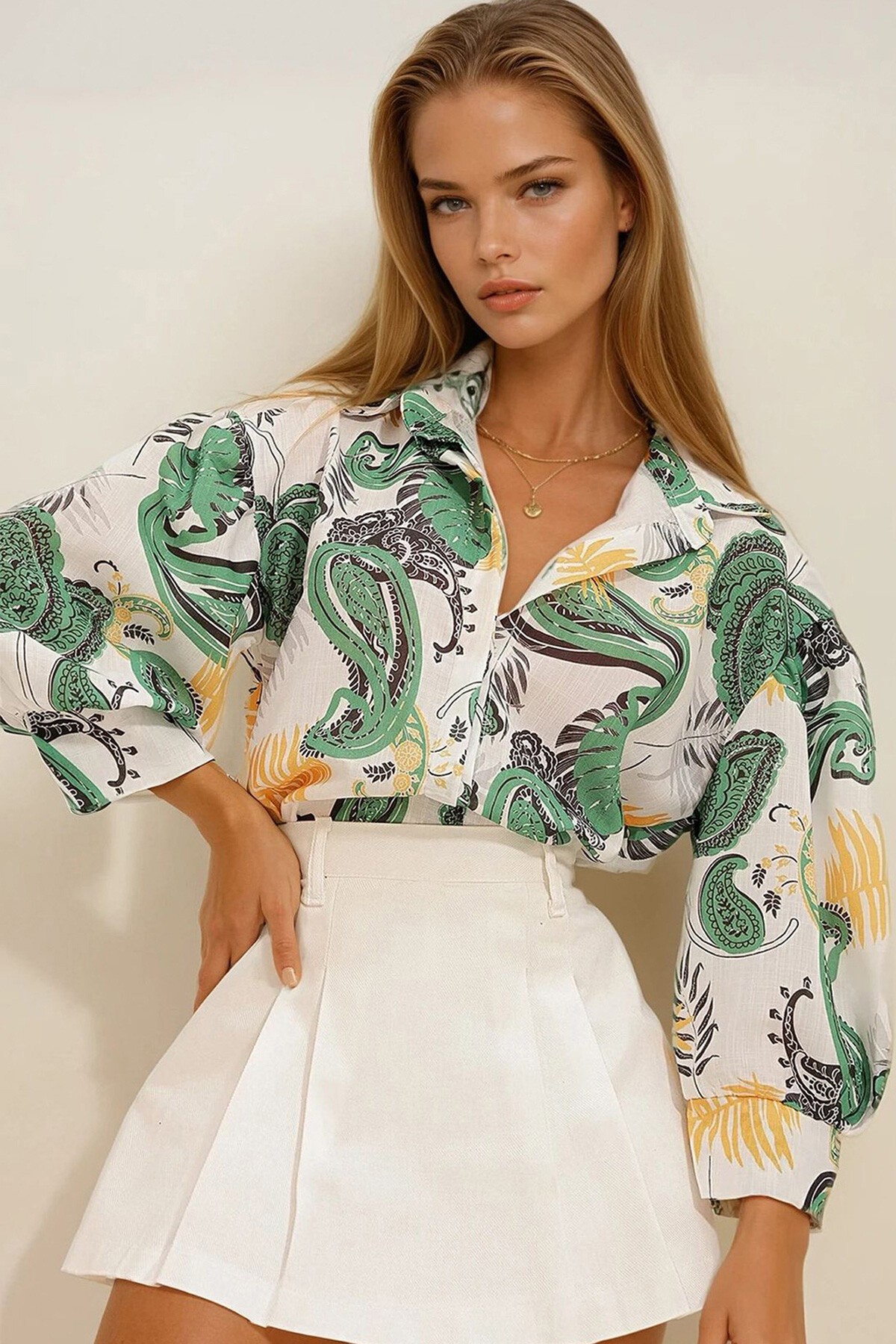 Hardal Yeşil Prenses Etnik Desenli Flamlı Keten Dokuma Gömlek