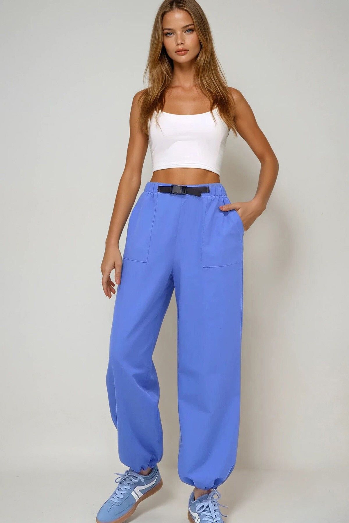 Havacı Mavi Çift Cepli Paçası Lastikli Kemer Detaylı Yazlık Jogger Pantolon