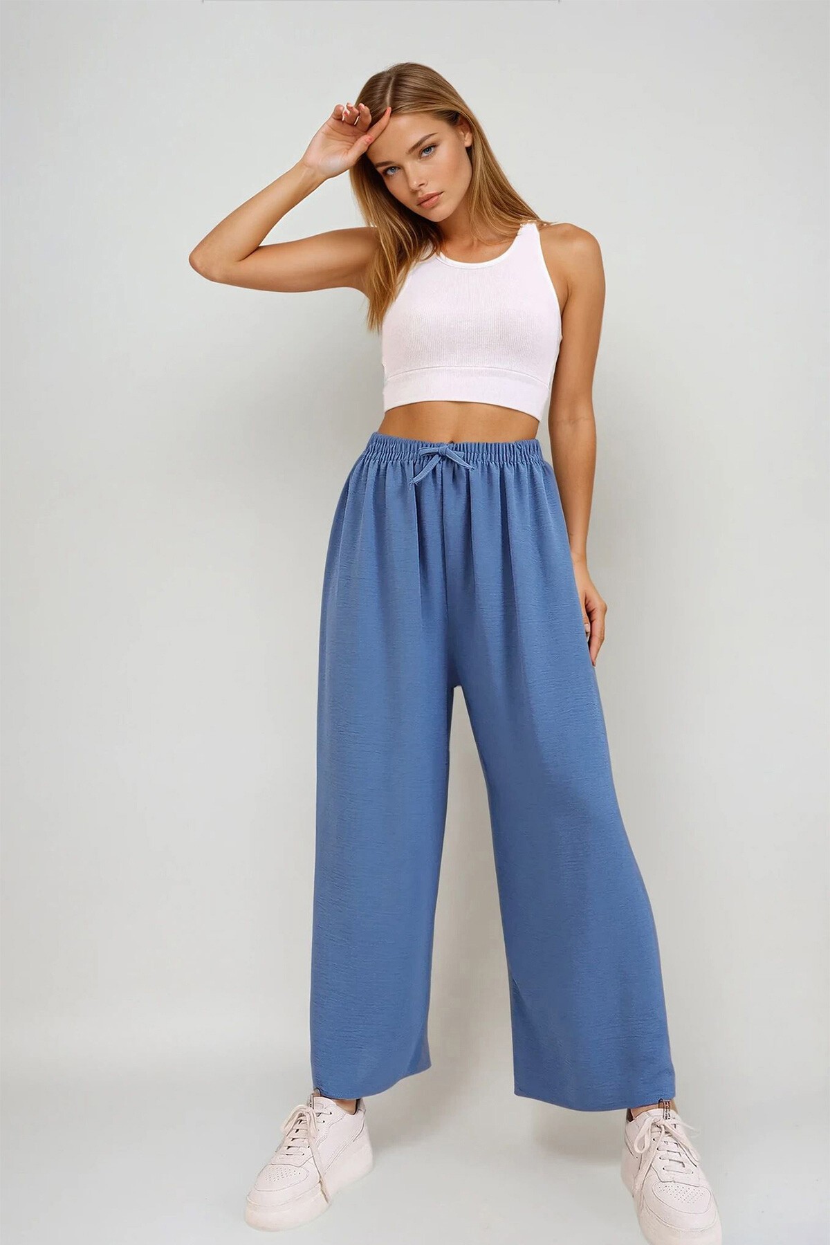 İndigo Beli Lastikli Rahat Kesim Aerobin Pantolon
