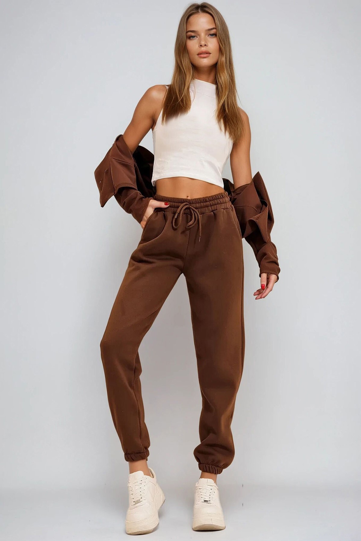 Kahve 3 İplik İçi Şardonlu Jogging Eşofman Altı