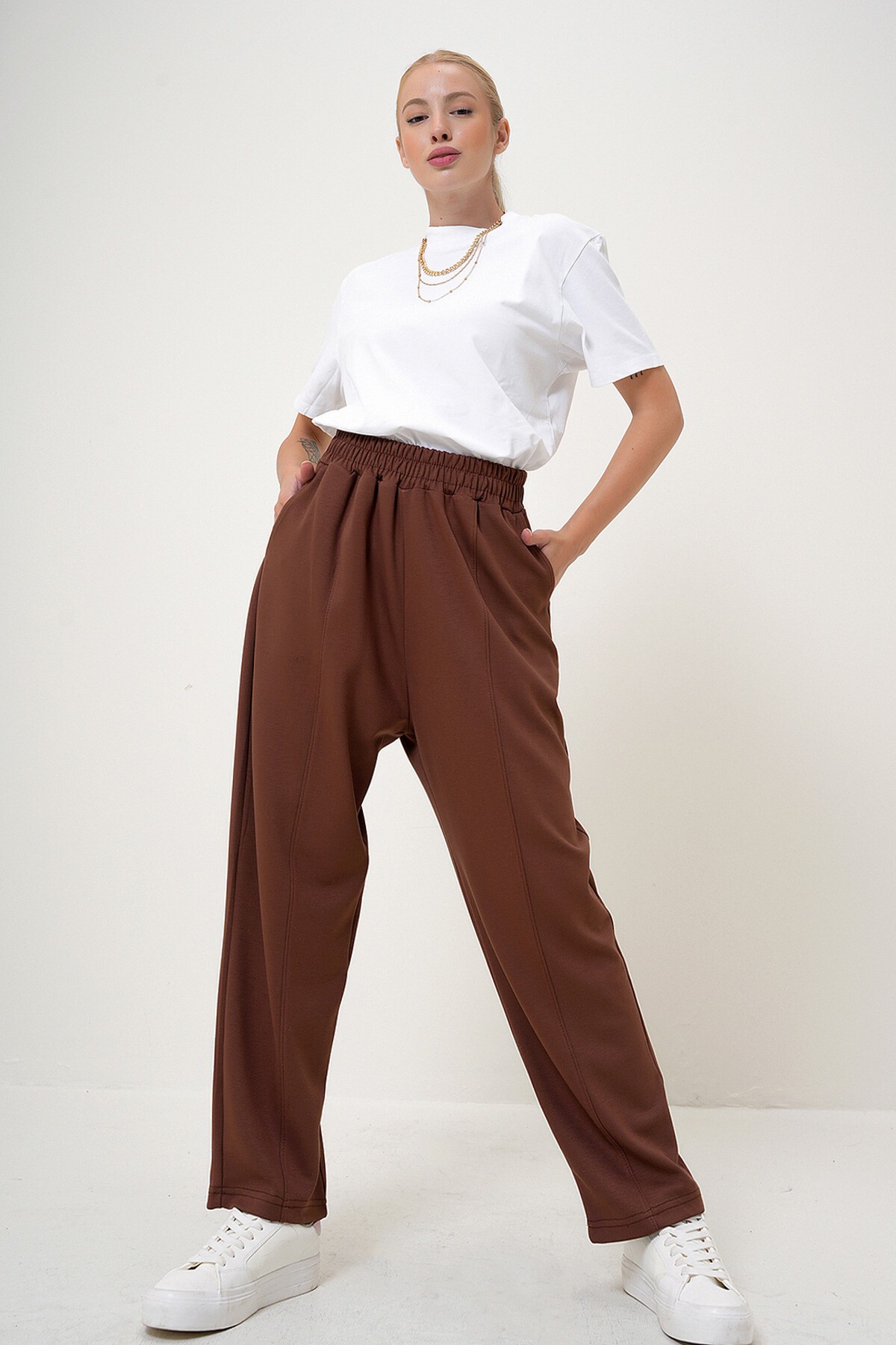 Kahve Beli Lastikli Çift Cepli Şalvar Kesim Modal Pantolon