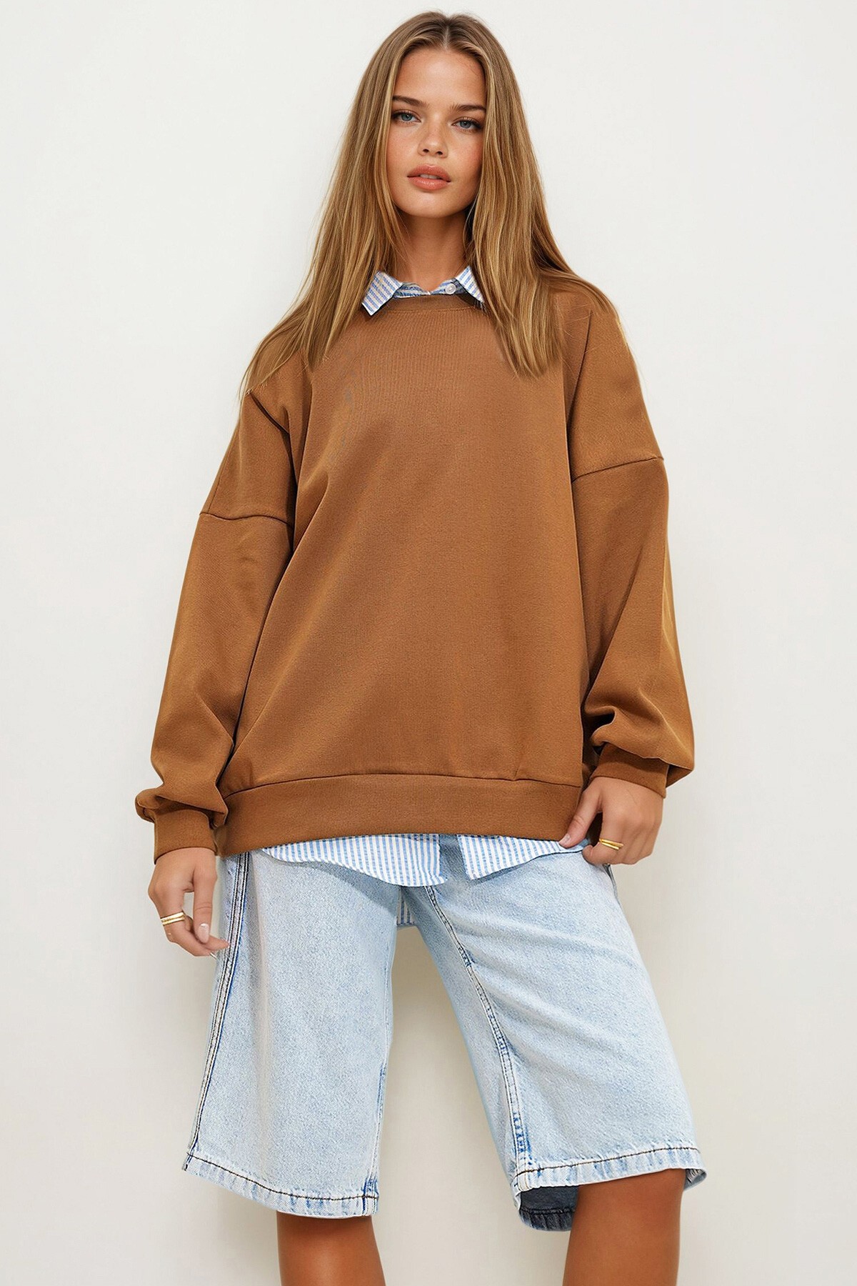 Kahve Bisiklet Yaka Kalın Oversize Sweatshirt