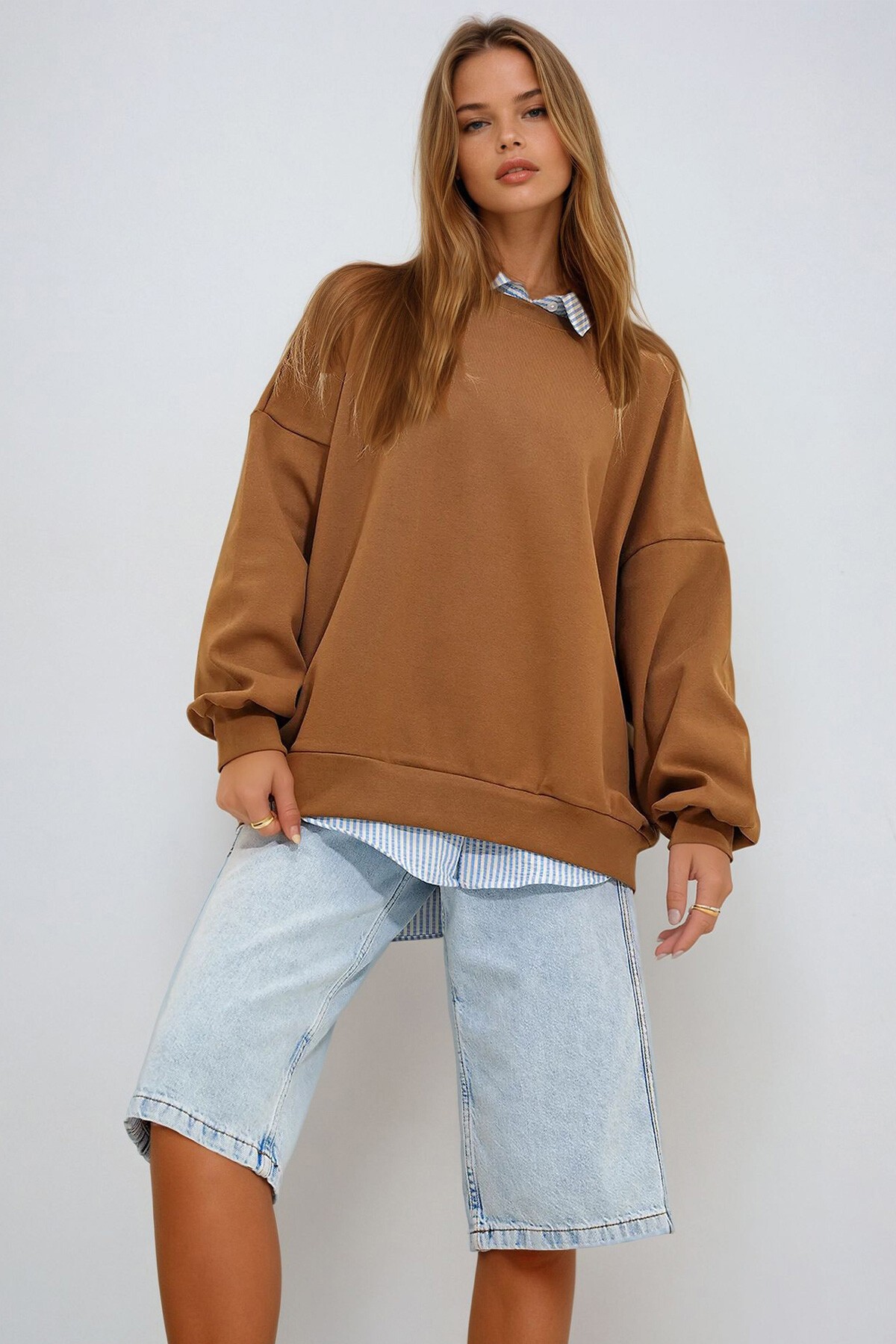 Kahve Bisiklet Yaka Oversize Sweatshirt