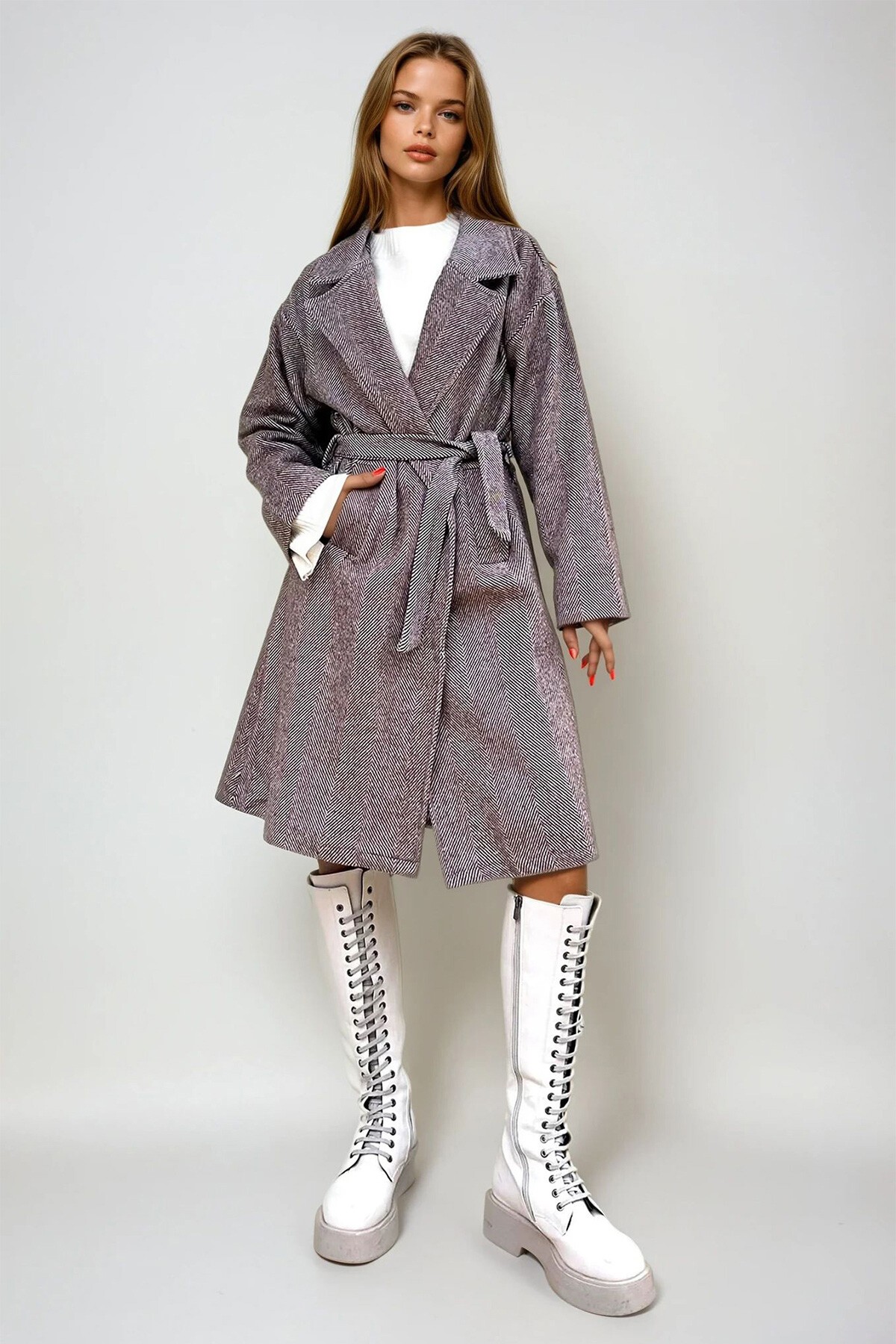 Kahve Çift Cepli İçi Astarsız Kendinden Kemerli Kaşe Kaban