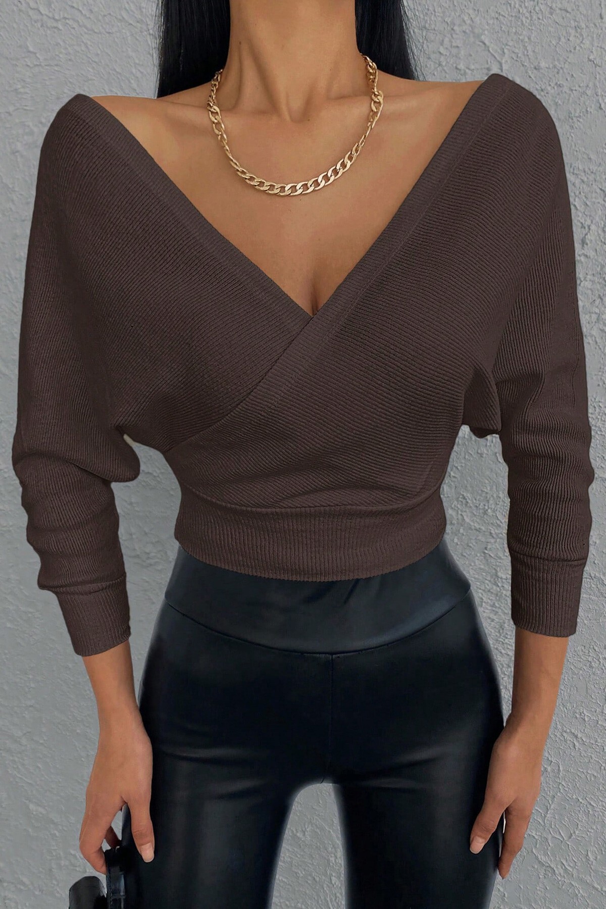 Kahve Ön Arka V Yaka Kruvaze Bluz