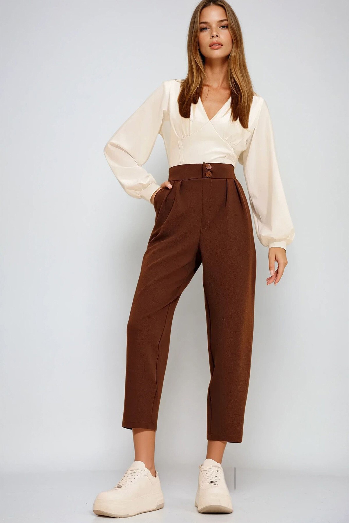 Kahve Yüksek Bel Havuç Pantolon