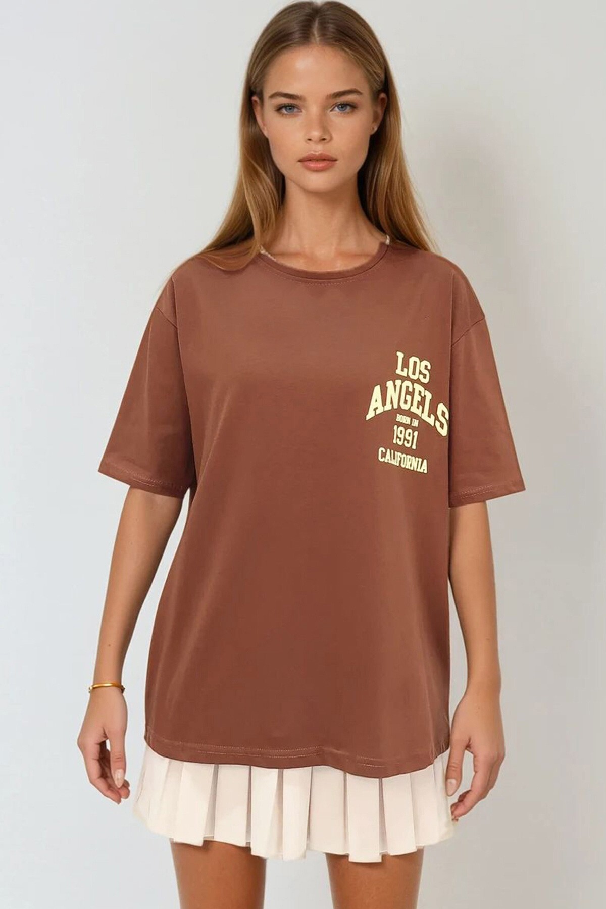 Kahverengi Bisiklet Yaka Baskılı Oversize T Shirt