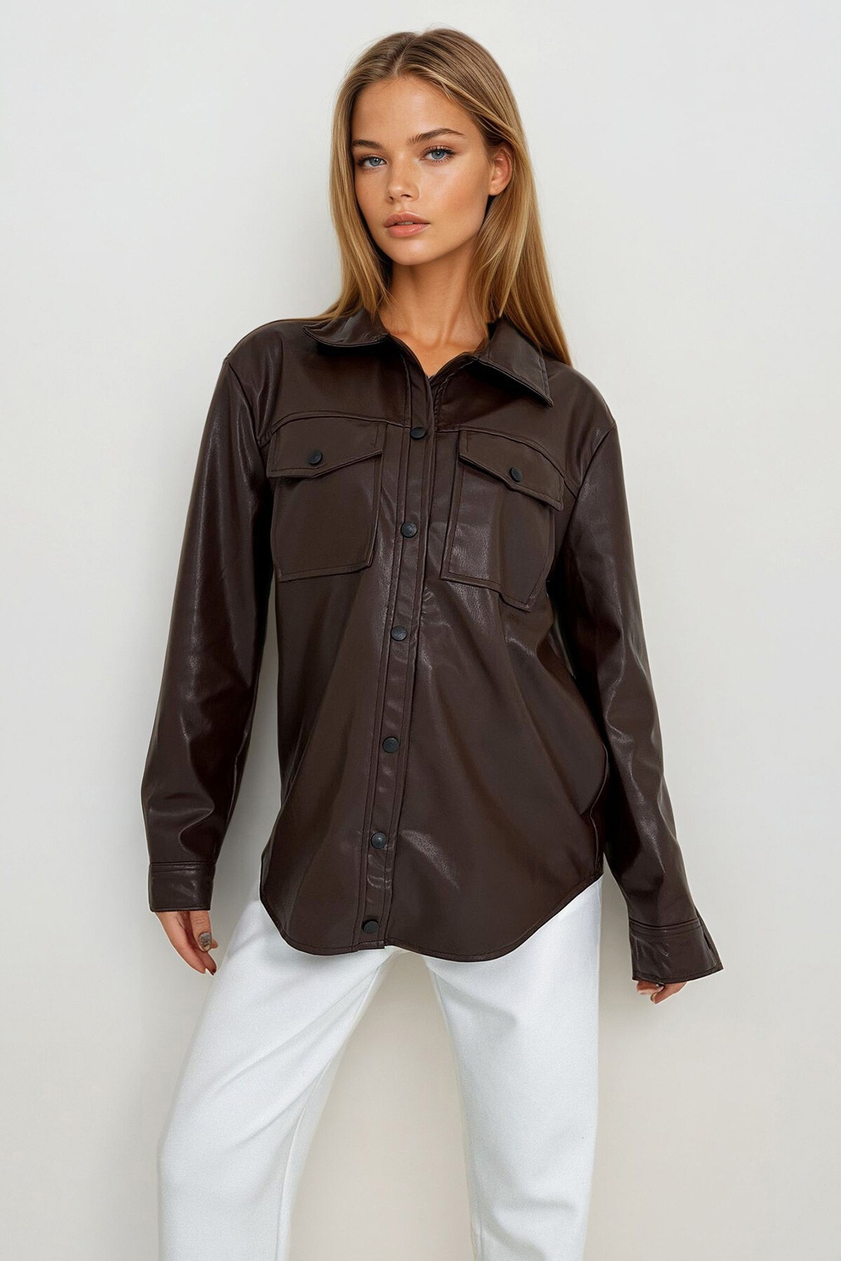 Kahverengi Çift Cepli Çıtçıt Kapamalı Oversize Suni Deri Ceket