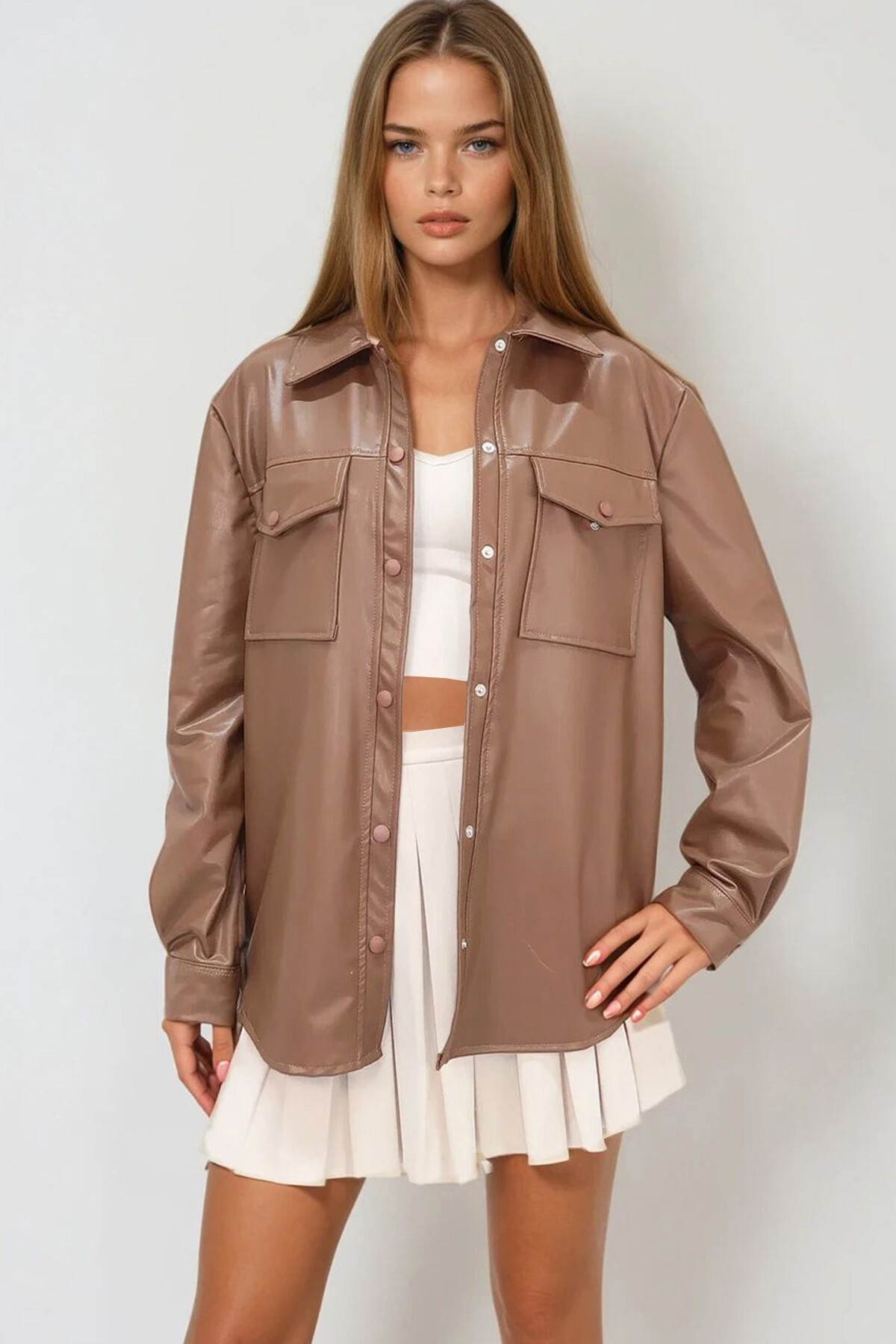 Kahverengi Çift Cepli Çıtçıt Kapamalı Oversize Suni Deri Ceket