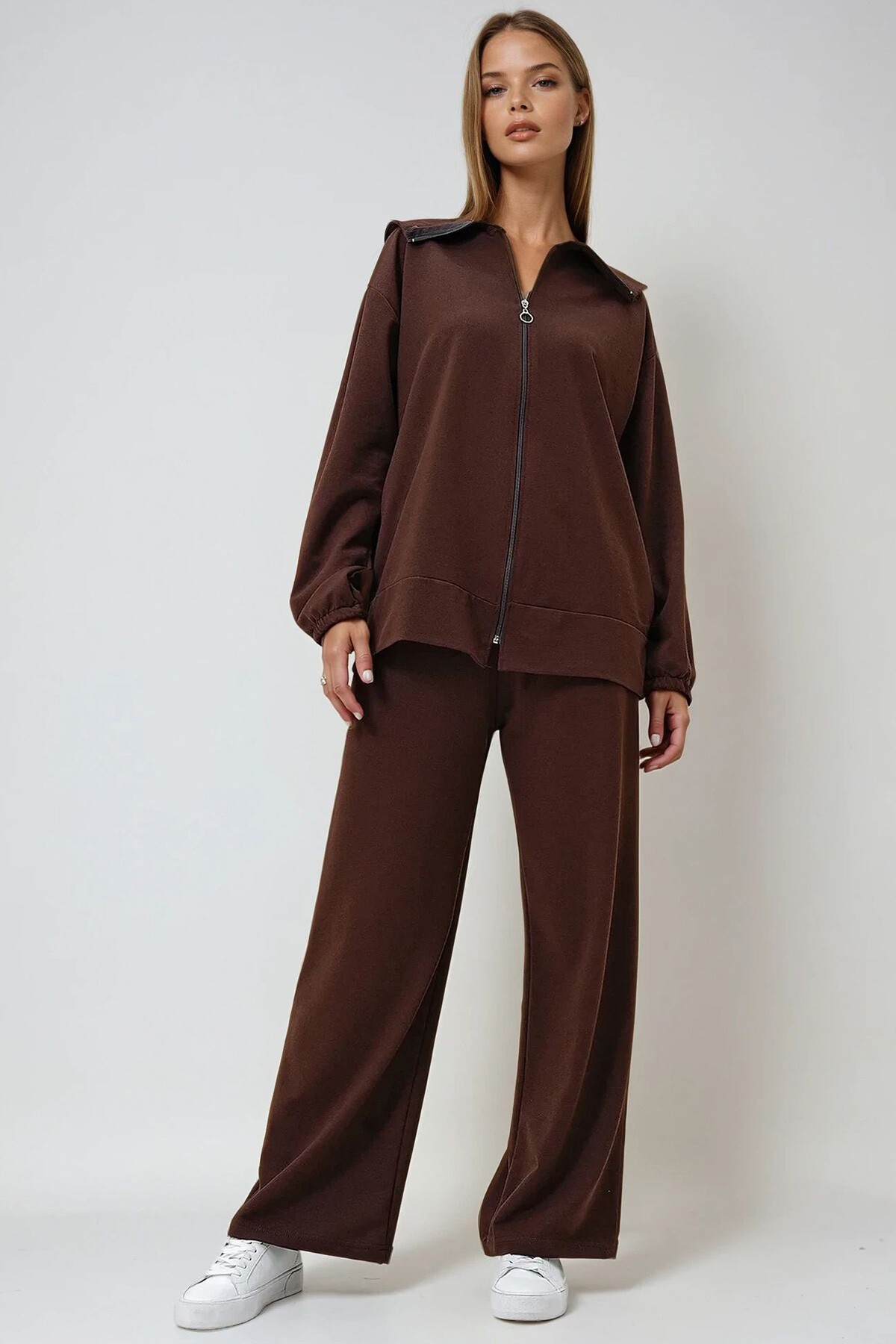 Kahverengi Denizci Yaka Fermuarlı Mevsimlik Tunik  Ve Pantolon İkili Takım