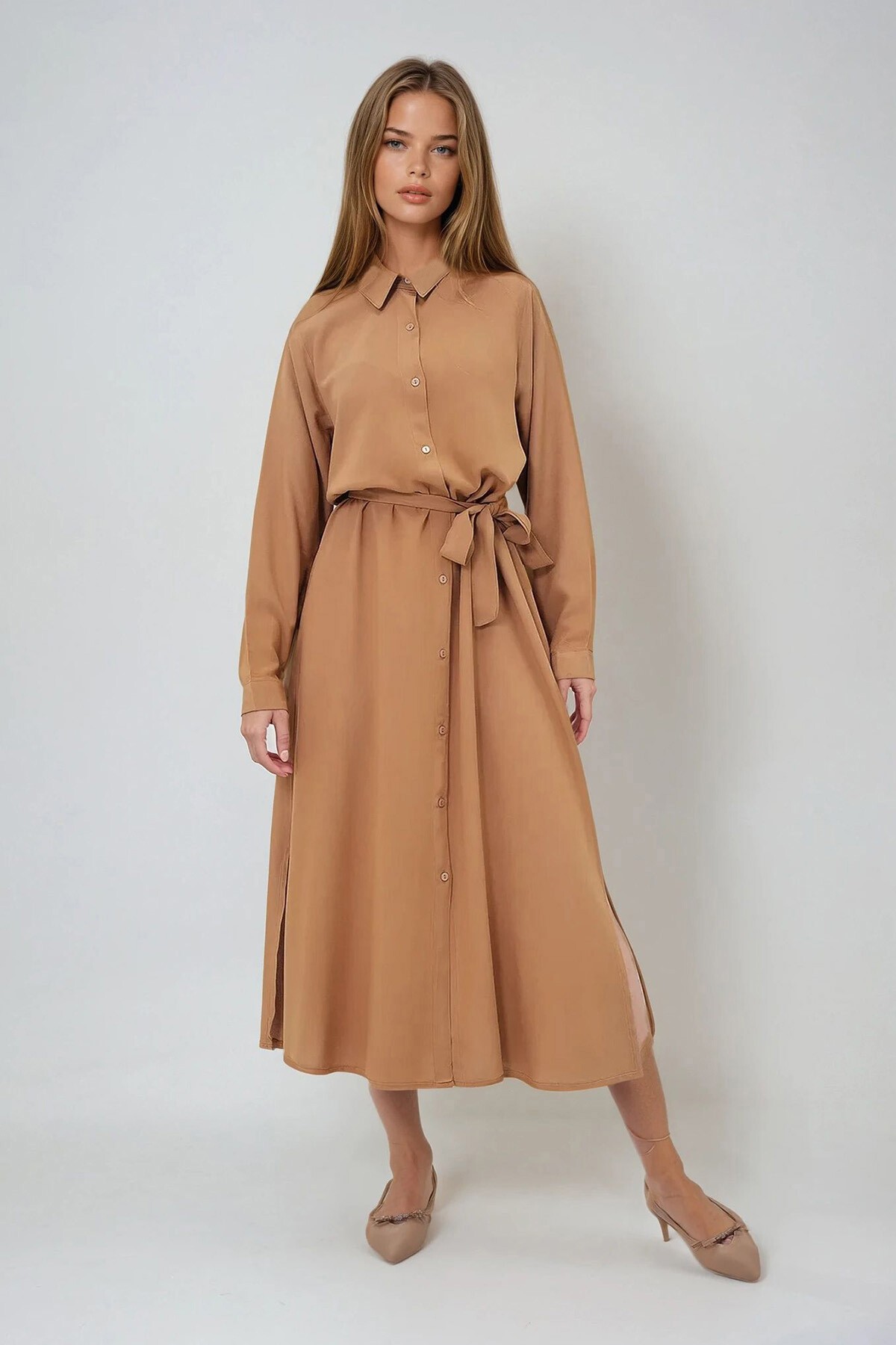 Kahverengi Dokuma Viskon Gömlek Elbise