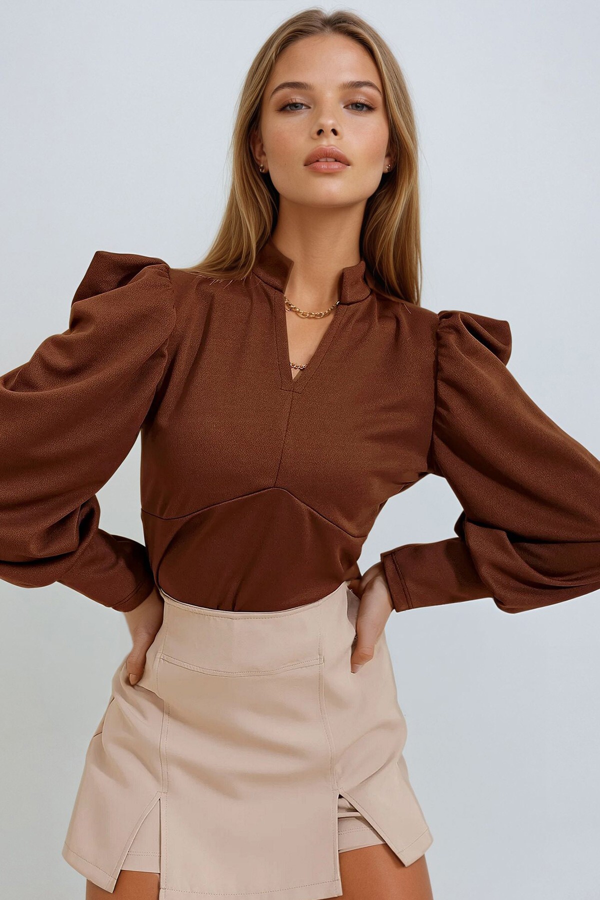 Kahverengi Hakim Yaka Prenses Kol Dokuma Crop Bluz