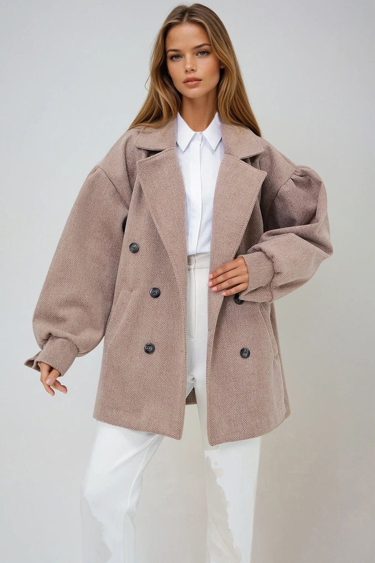 Kahverengi Kruvaze Yaka Balon Kol Kaşe Kaban