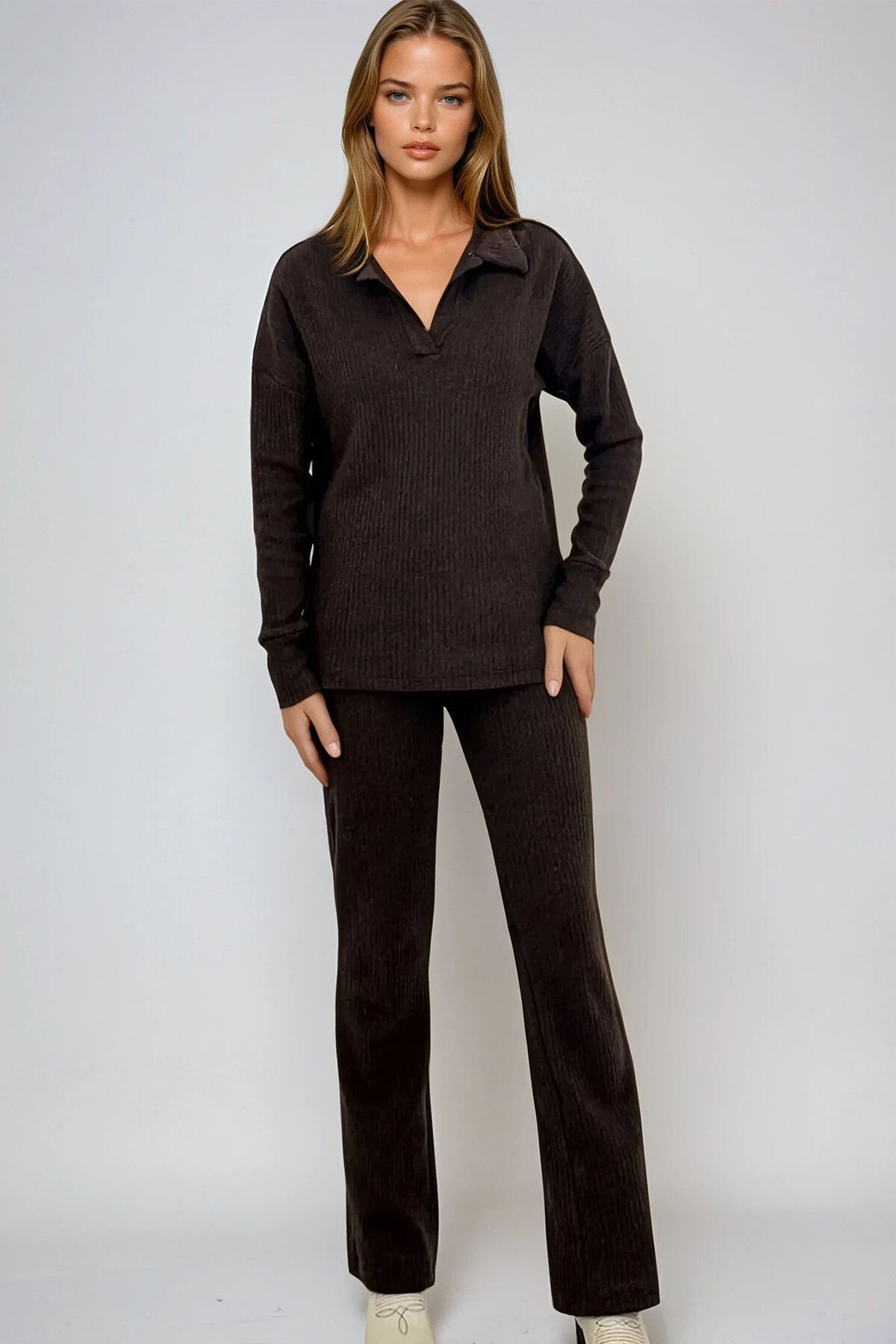 Kahverengi Polo Yaka Üst Ve Palazzon Pantolon Triko Alt Üst Takım