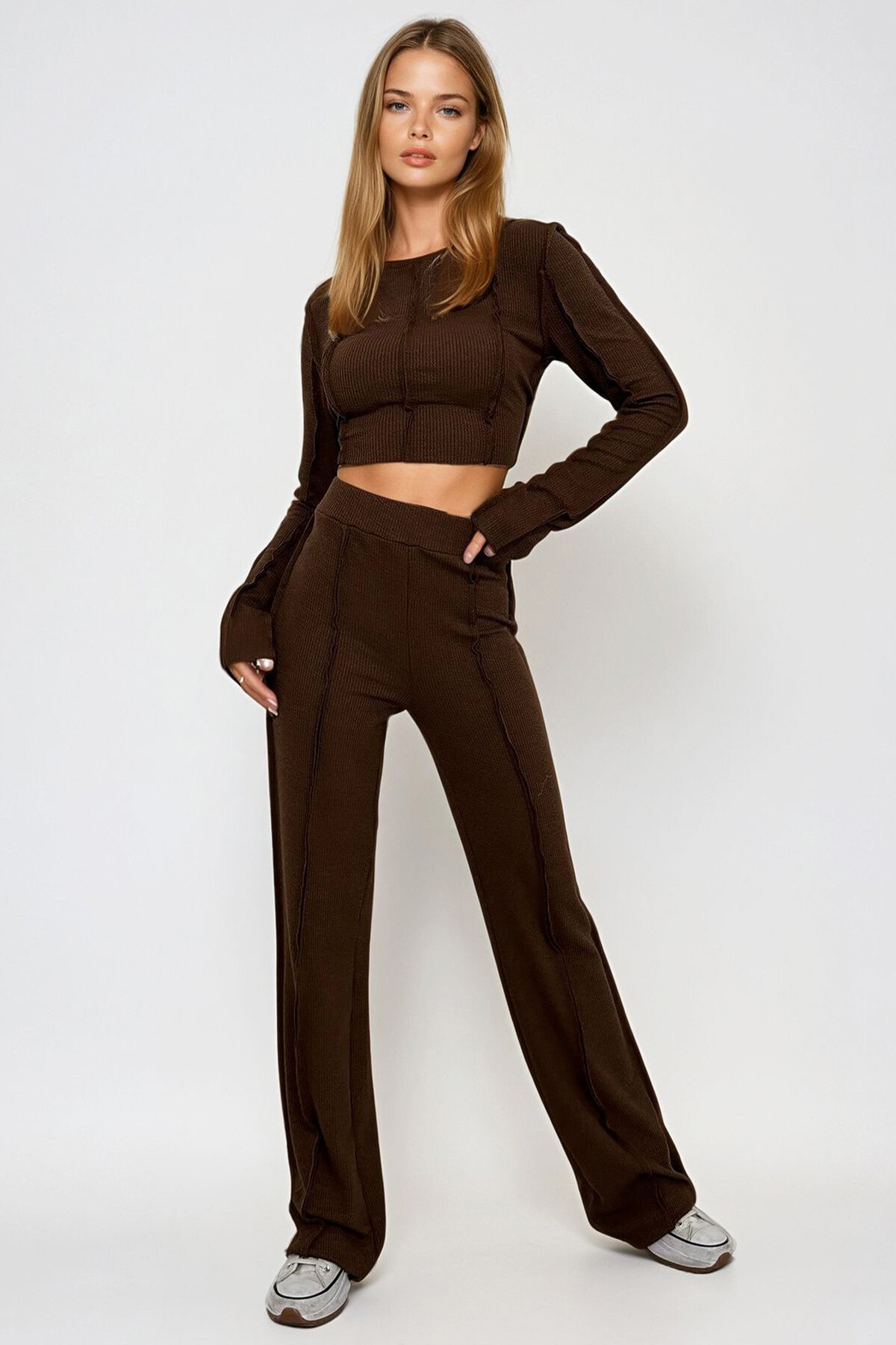 Kahverengi Ters Dikiş Detaylı Likralı Alt Üst Takım