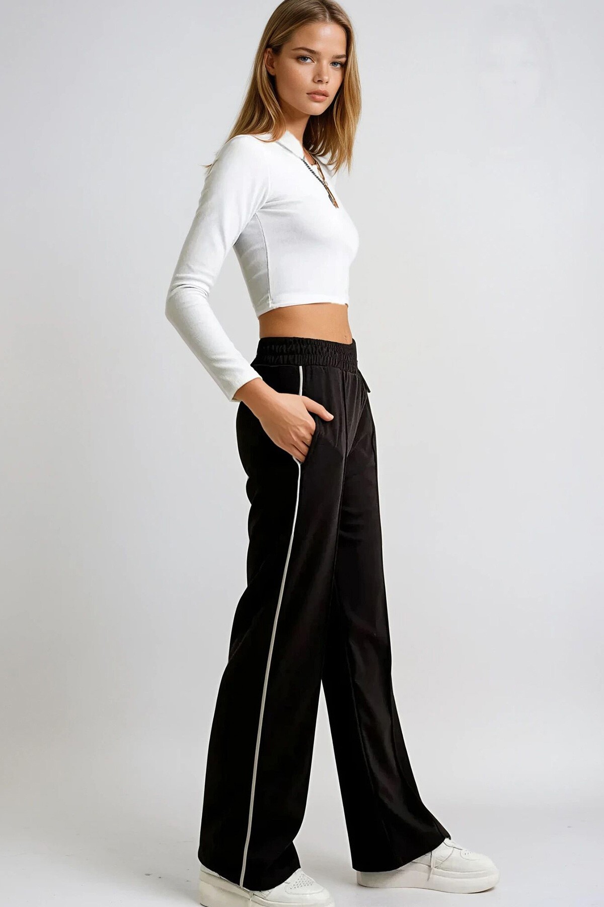 Kahverengi Yan Şeritli Önü Çimalı Çift Cepli Retro Pantolon