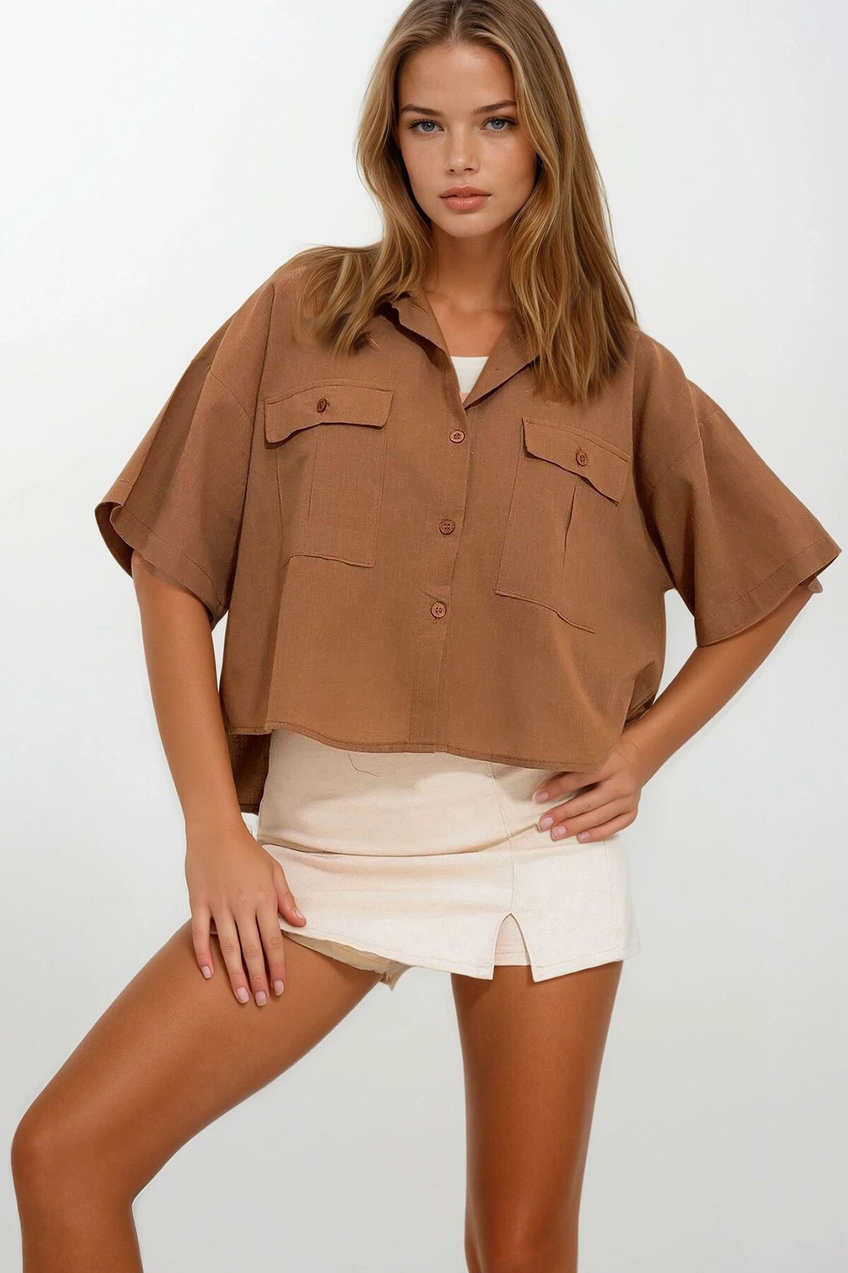 Karamel Çift Cepli Yarım Kol Keten Gömlek