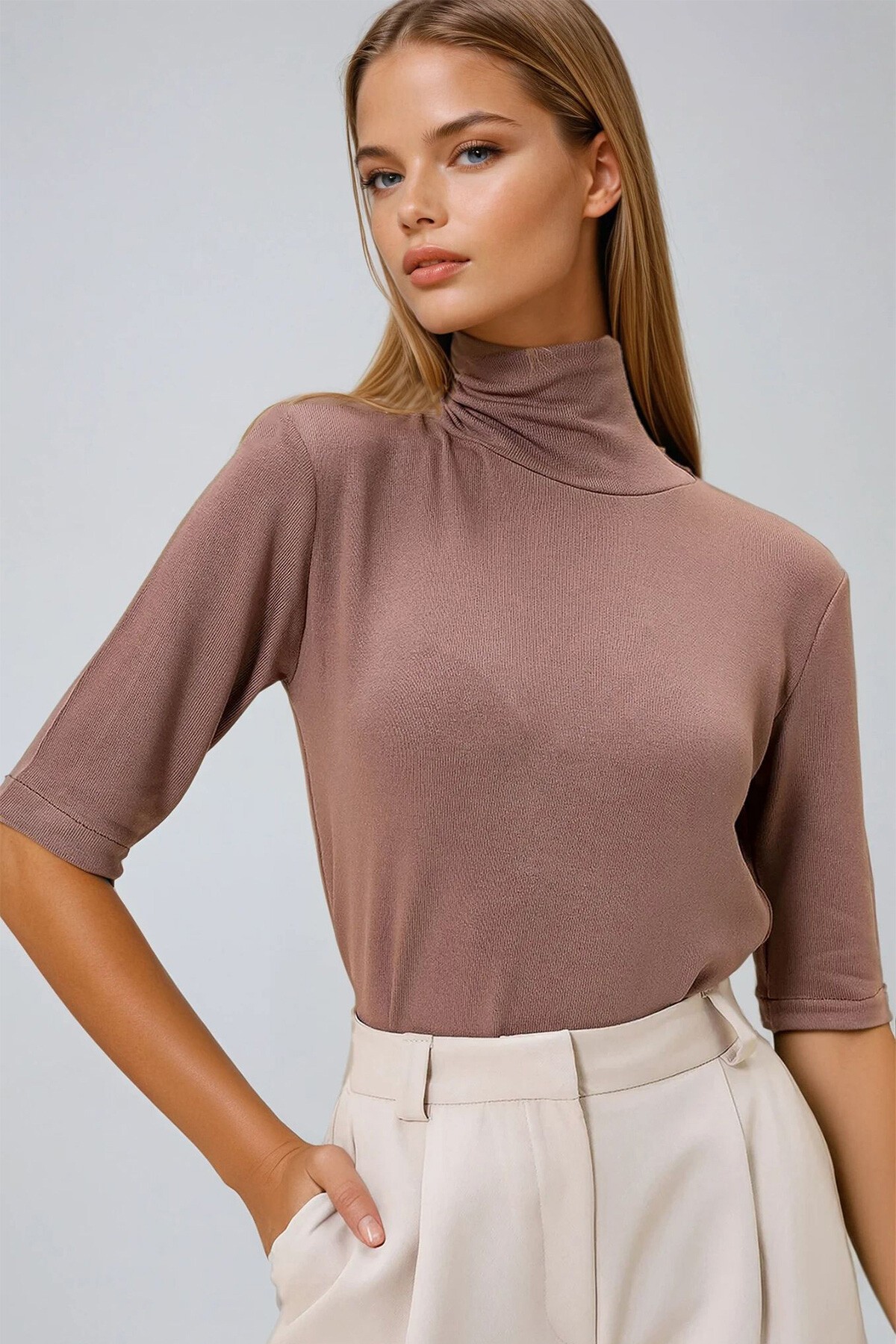 Karamel Yarım Balıkçı Yaka Yarım Kol Triko Bluz