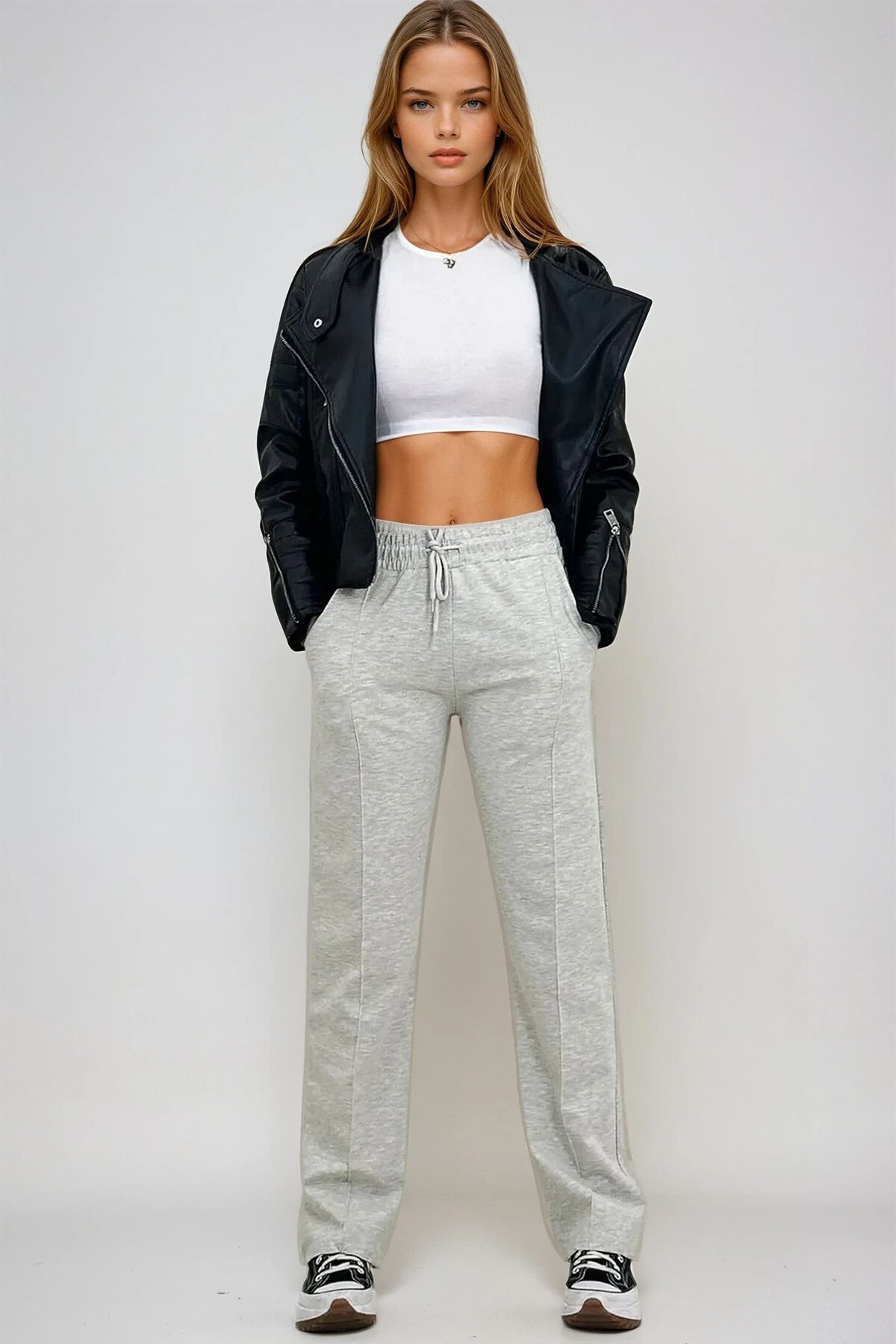 Karmelanj Yüksek Bel Önü Çimalı Bol Paça Çift Cepli Eşofman Altı