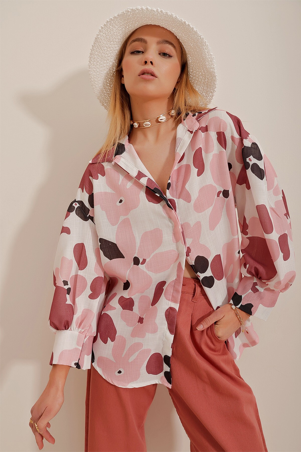 Kiremit Prenses Etnik Desenli Flamlı Keten Dokuma Gömlek