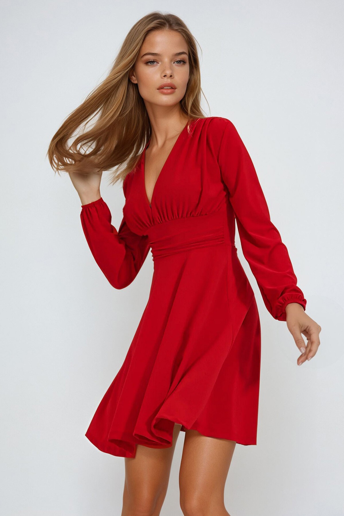 Kırmızı Derin V Yaka Kloş Sandy Elbise