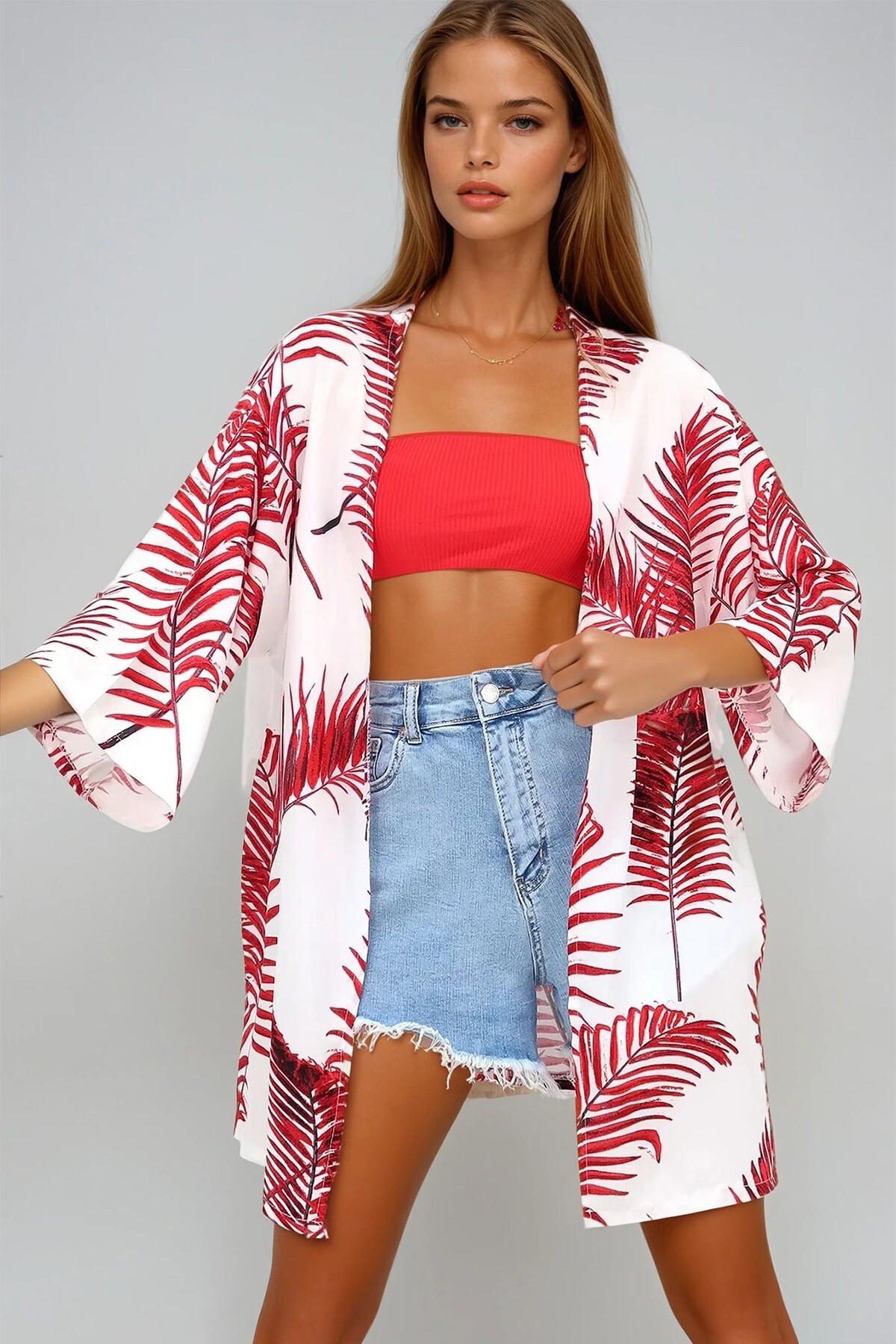 Kırmızı Desenli Kimono Ceket