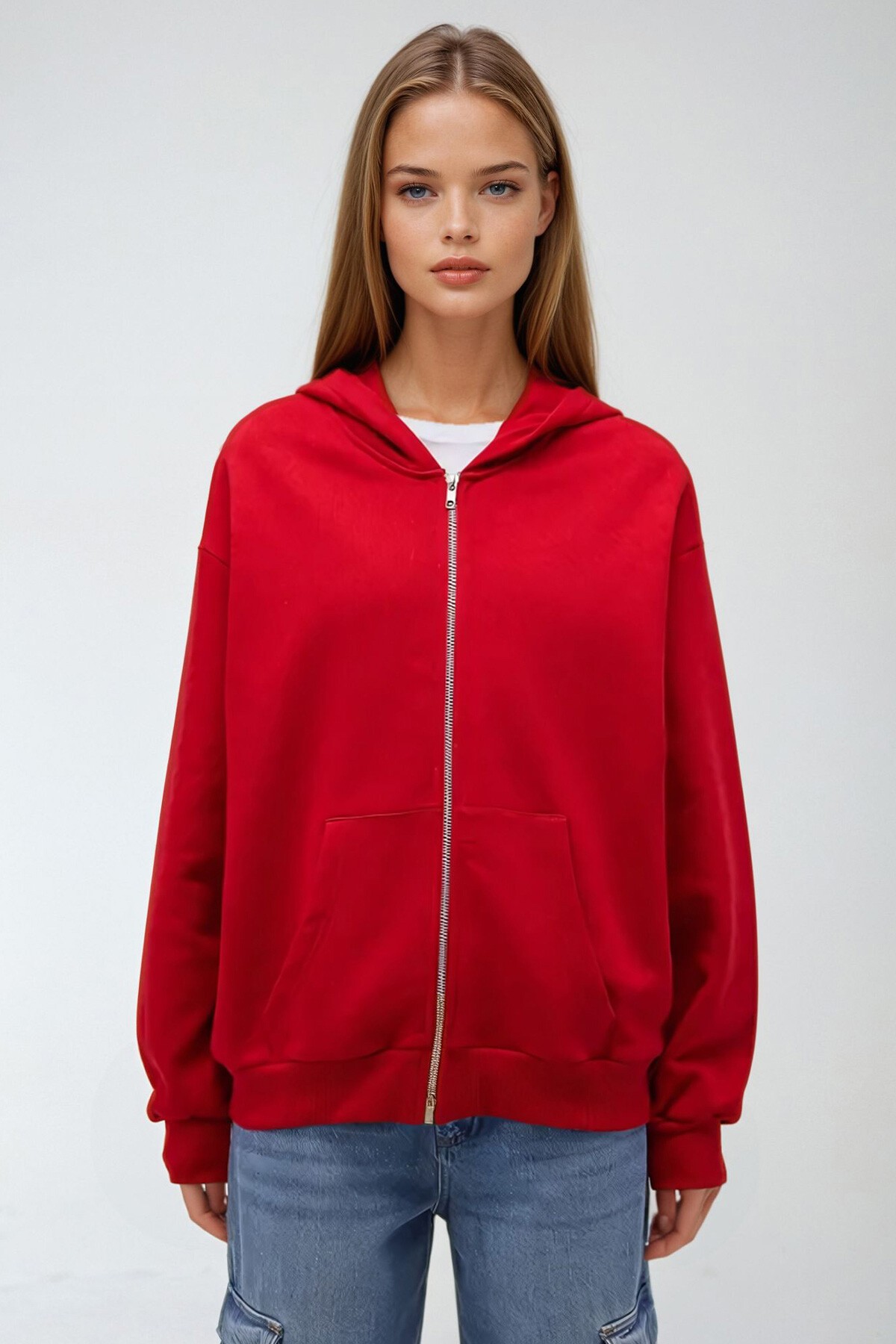 Kırmızı Kapüşonlu Çift Cepli Fermuarlı Oversize Sweatshirt