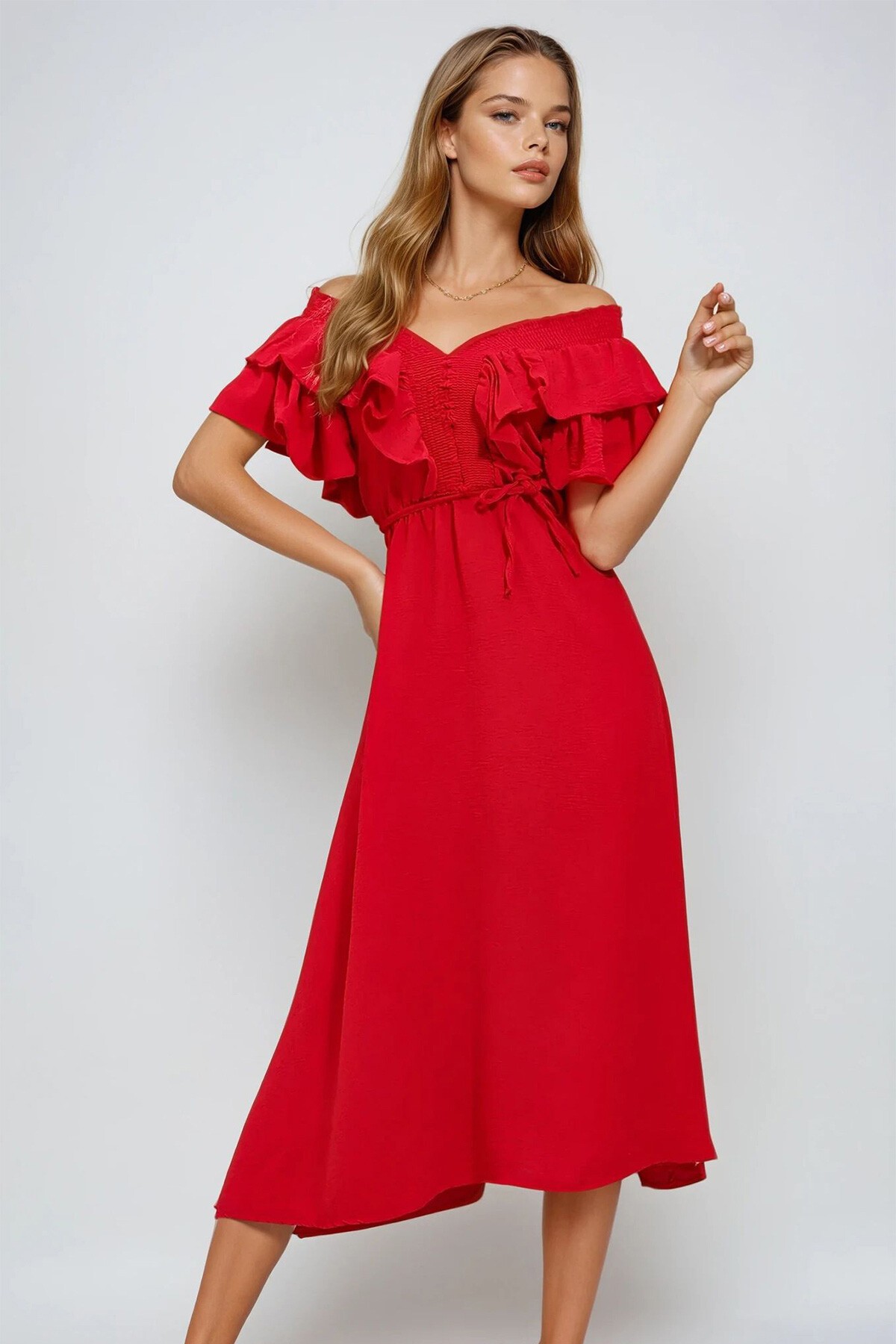 Kırmızı Yakası Gipeli Ve Volanlı Beli Midiboy Dokuma Elbise