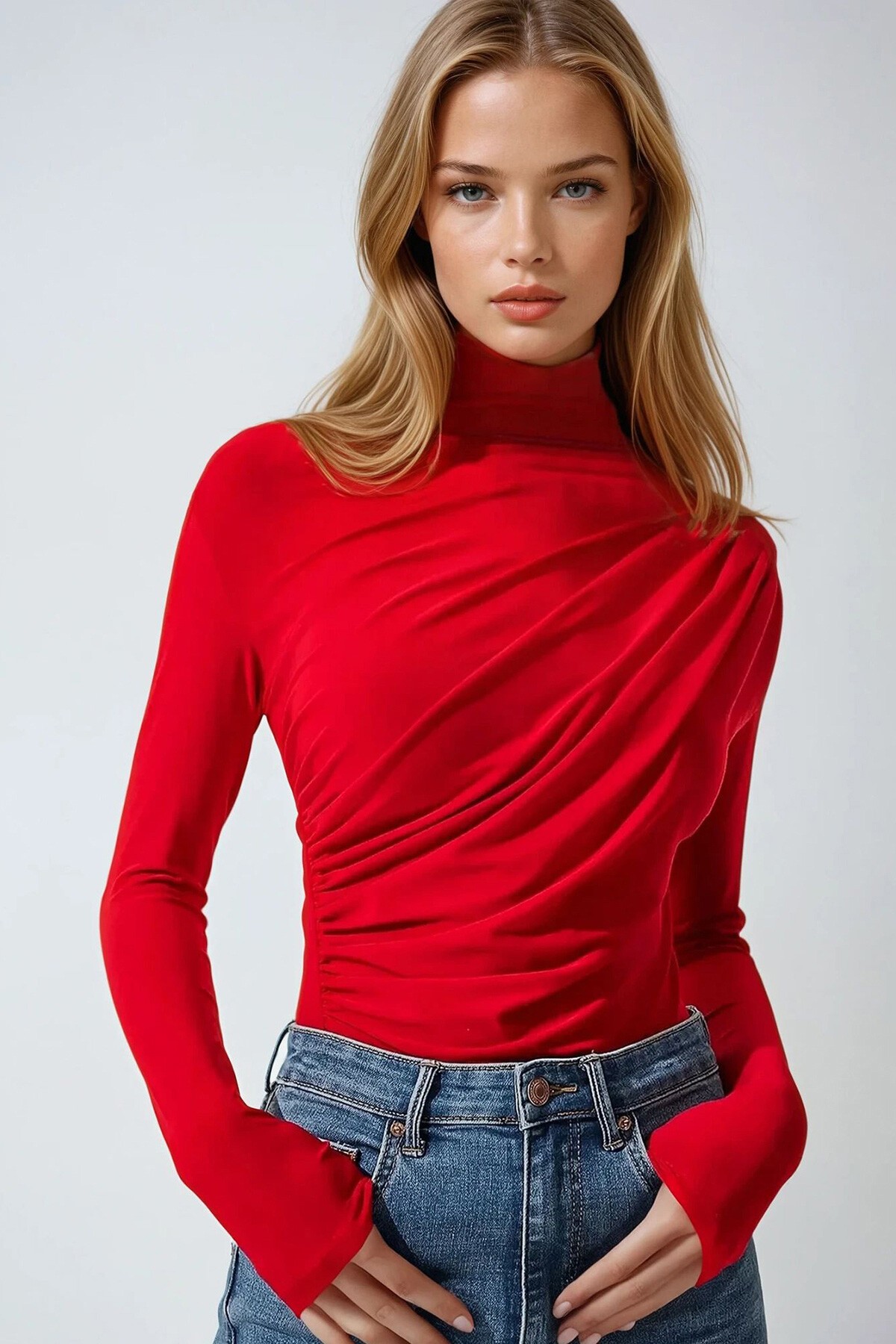 Kırmızı Yarım Balıkçı Drape Detaylı Sandy Bluz