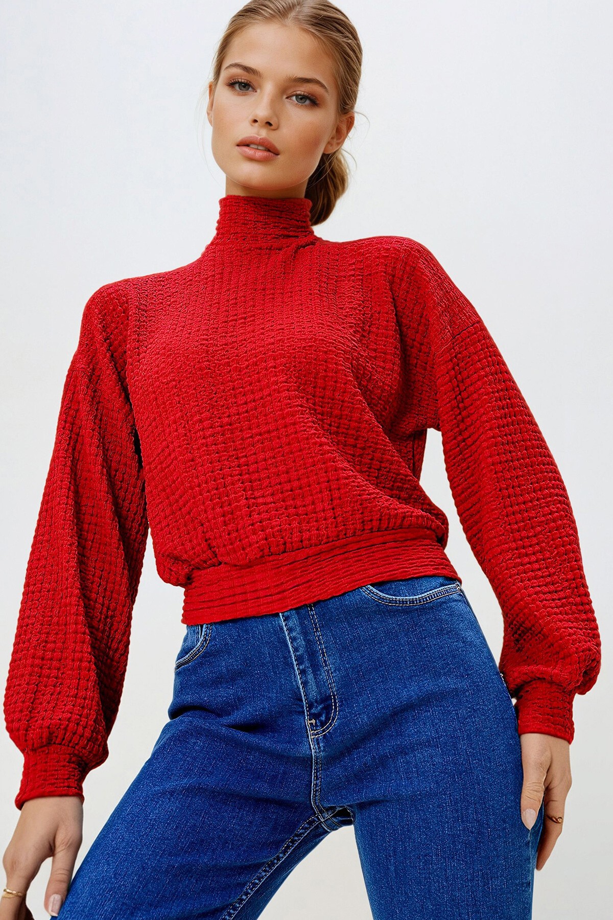 Kırmızı Yarım Balıkçı Yaka Bürümcük Crop Bluz