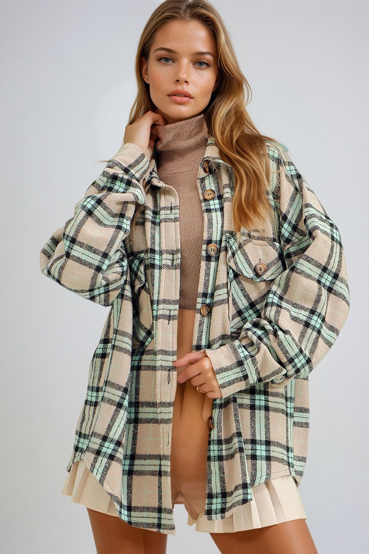 Koyu Bej Ekose Desenli Kaşe Pamuklu Oversize Ceket Gömlek