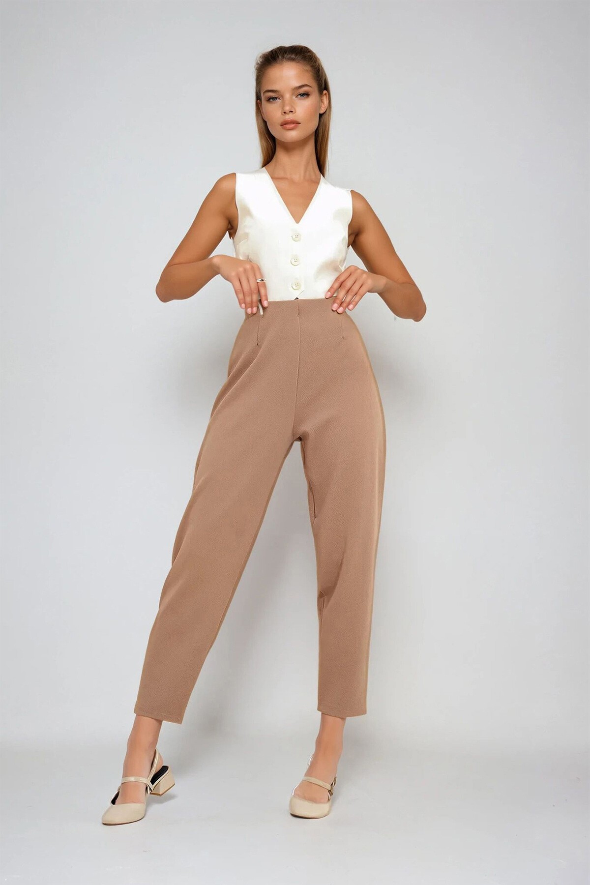 Koyu Bej Yüksek Bel Pensli Dökümlü Krep Örme Pantolon