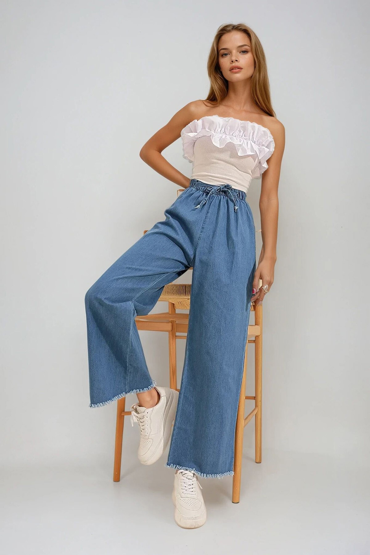 Koyu Mavi Paçası Püsküllü Yüksek Bel Palazzo Jean Pantolon