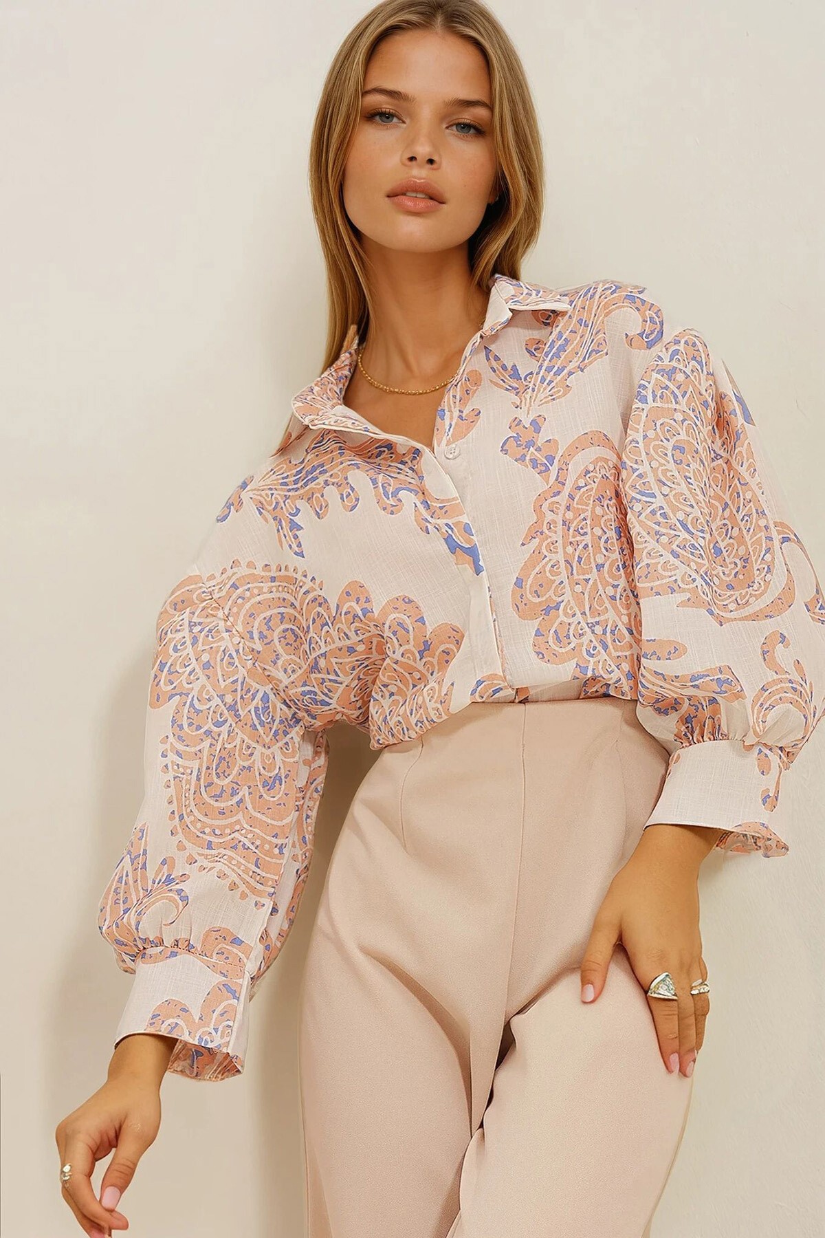 Krem-Kahve Prenses Etnik Desenli Flamlı Keten Dokuma Gömlek