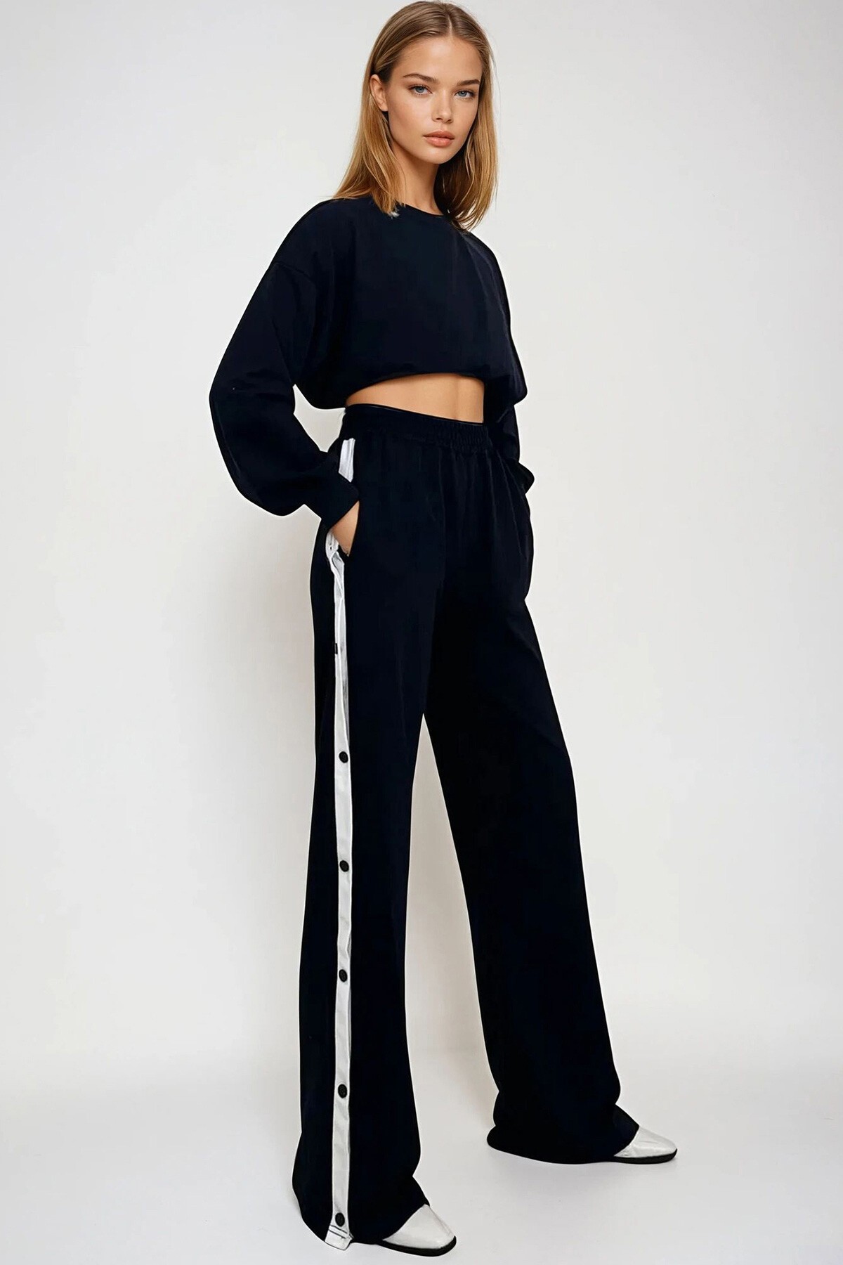 Lacivert Çift Cepli Lastikli Yanları Şeritli Wide Leg Pantolon