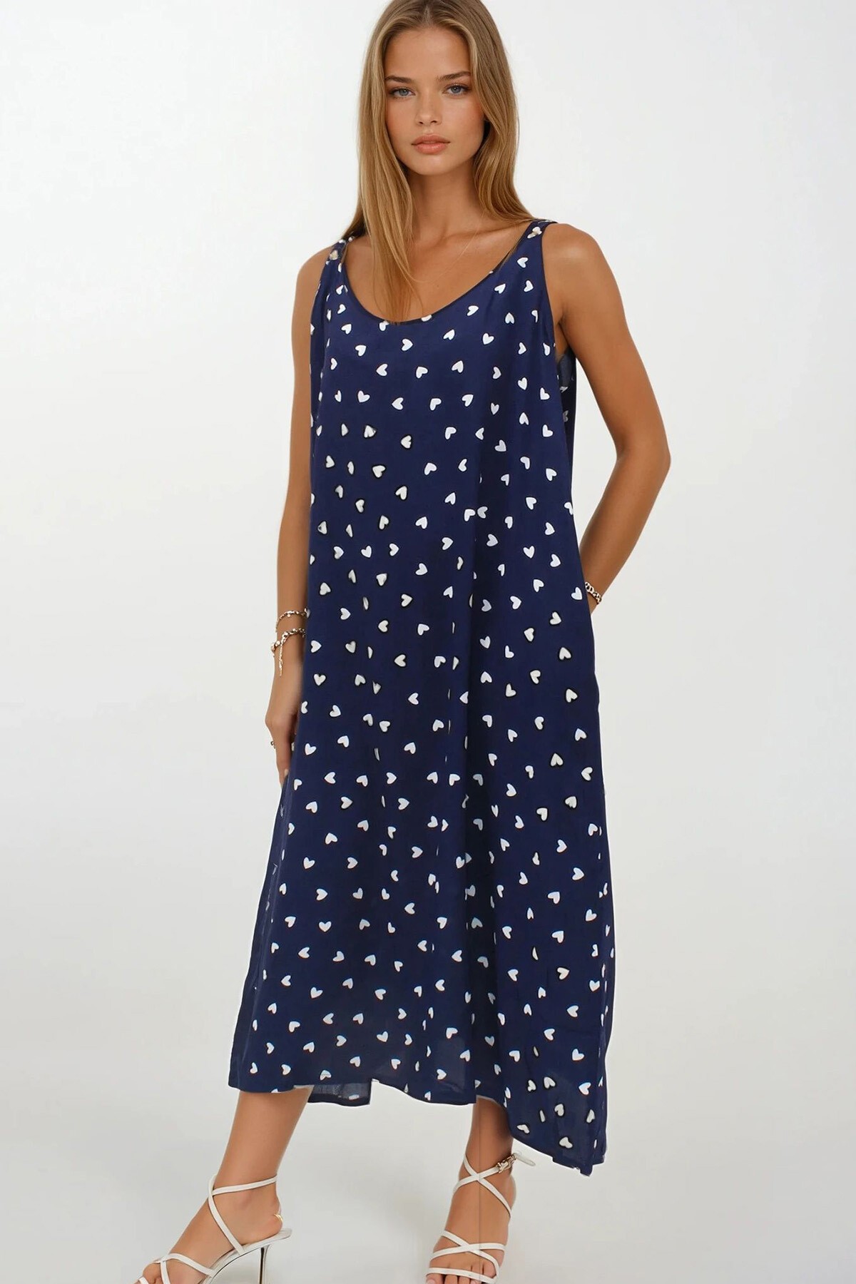 Lacivert Çift Cepli Rahat Kesim Desenli Elbise