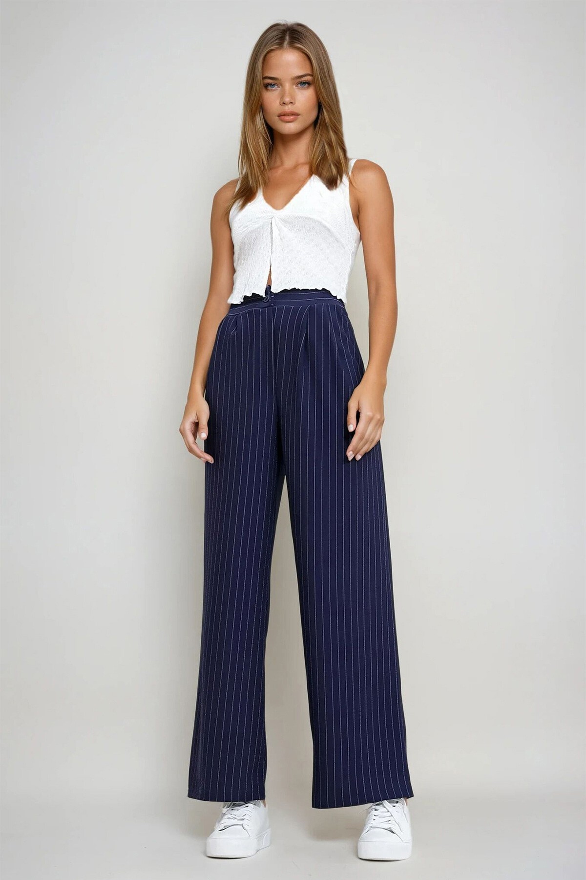 Lacivert Çizgili Çift Cepli Palazzo Örme Pantolon