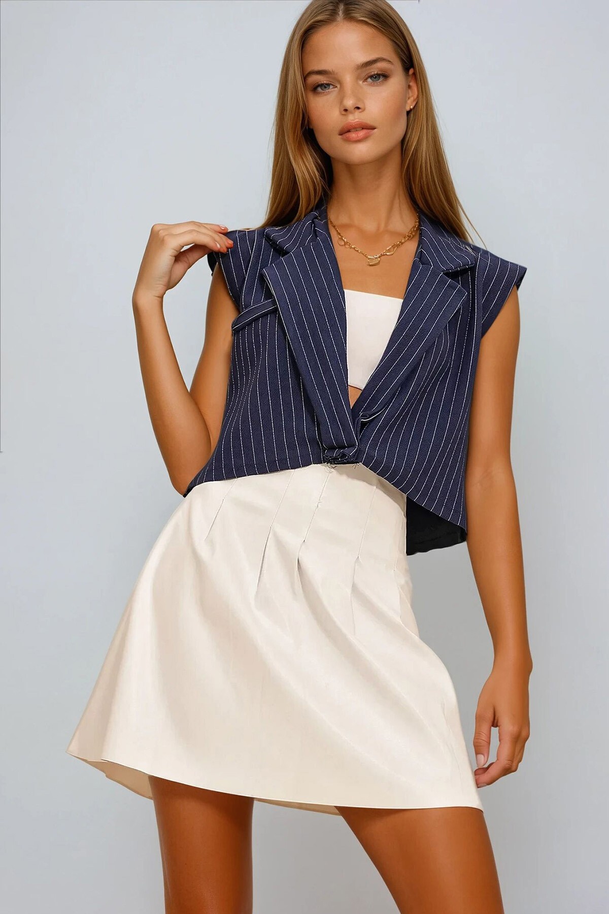 Lacivert Gömlek Yaka Fileto Çizgili Bluz