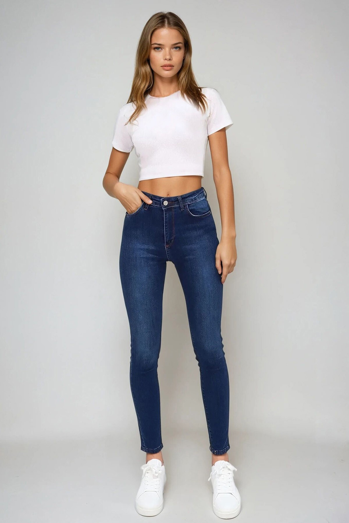 Lacivert Normal Bel Yıkamalı 5 Cepli Skinny Jean Pantolon