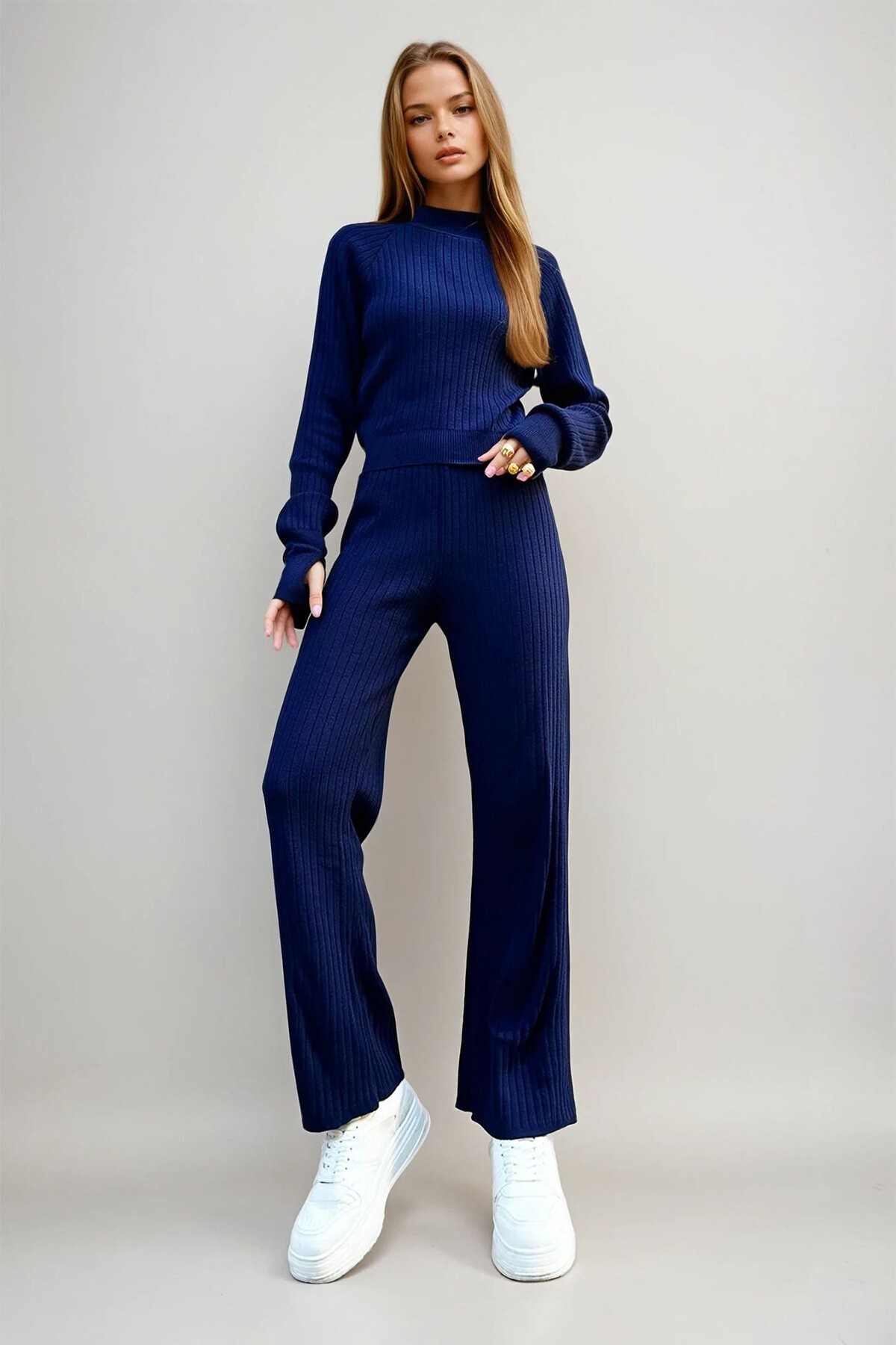 Lacivert Parmak Detaylı Triko Alt Üst Takım