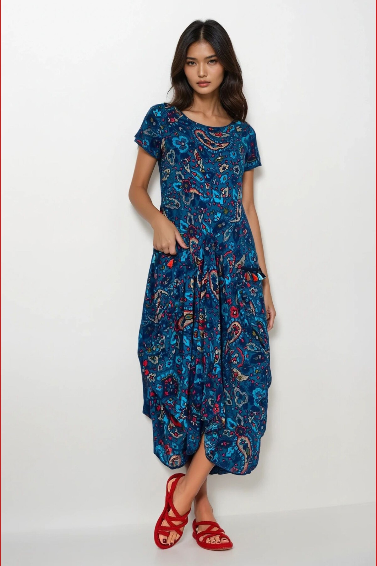 Lacivert Torba Cepli Eteği Asimetrik Kesim Volan Ve Püskül Detaylı Kısa Kollu Yazlık Elbise