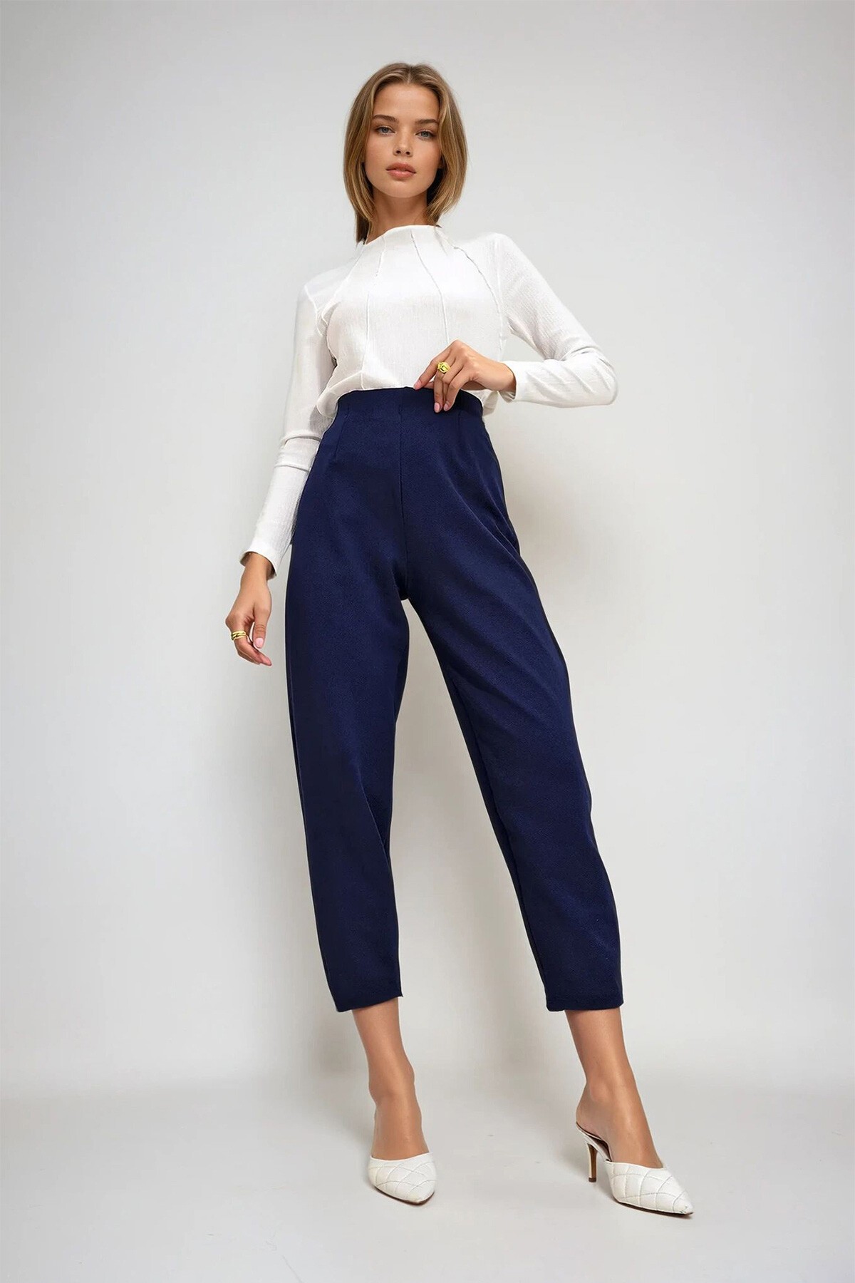 Lacivert Yüksek Bel Pensli Dökümlü Krep Örme Pantolon